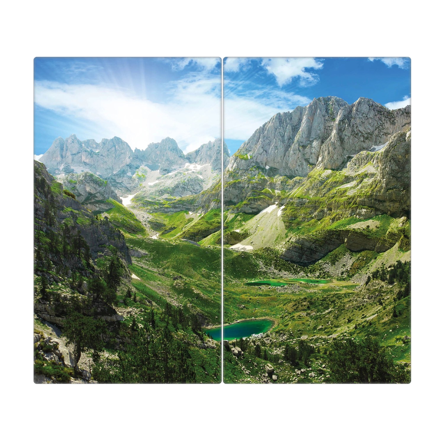 Banjado Herdabdeckplatte Glas 2 Teilig Je 30x52CM Schneidebrett Herdabdeckung Mit Motiv Bergsee Alpen