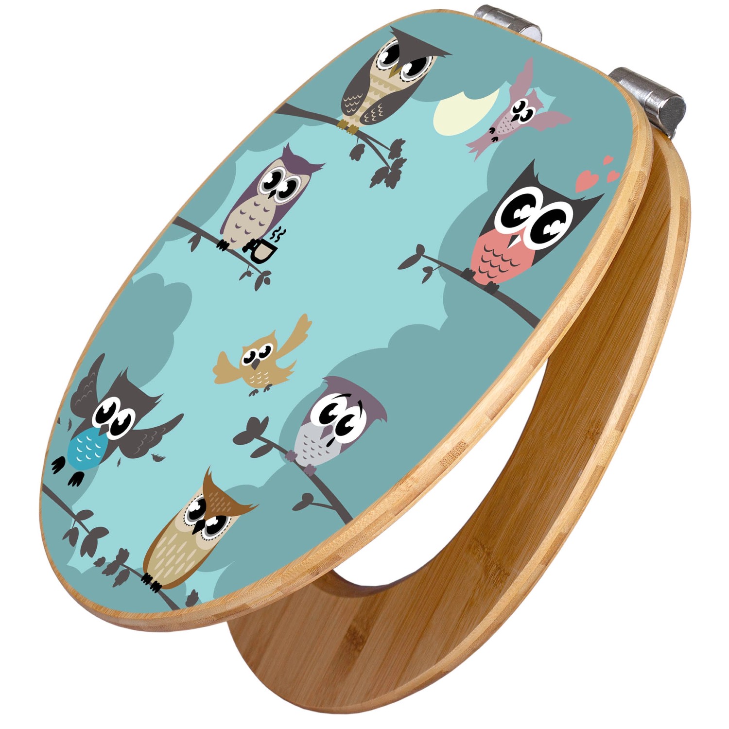 Banjado Design WC Sitz Bambus Holz Toilettendeckel Mit Absenkautomatik Klodeckel WC-Sitz Soft Close Mit Motiv Acht Eulen