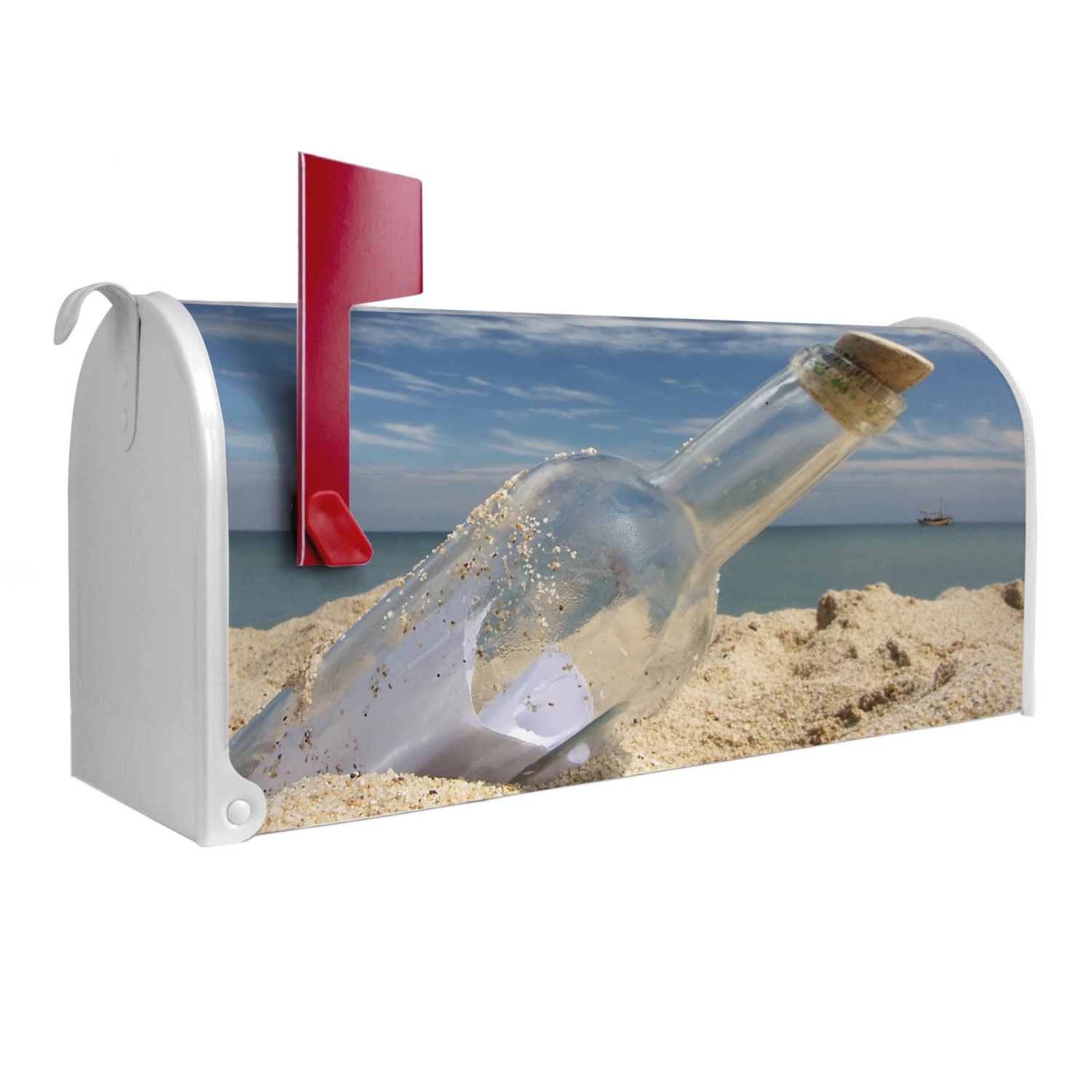 Banjado Amerikanischer Briefkasten Weiß 48x22x16cm US Mailbox Letterbox Postkasten Stahl Pulverbeschichtet Motiv Flaschenpost