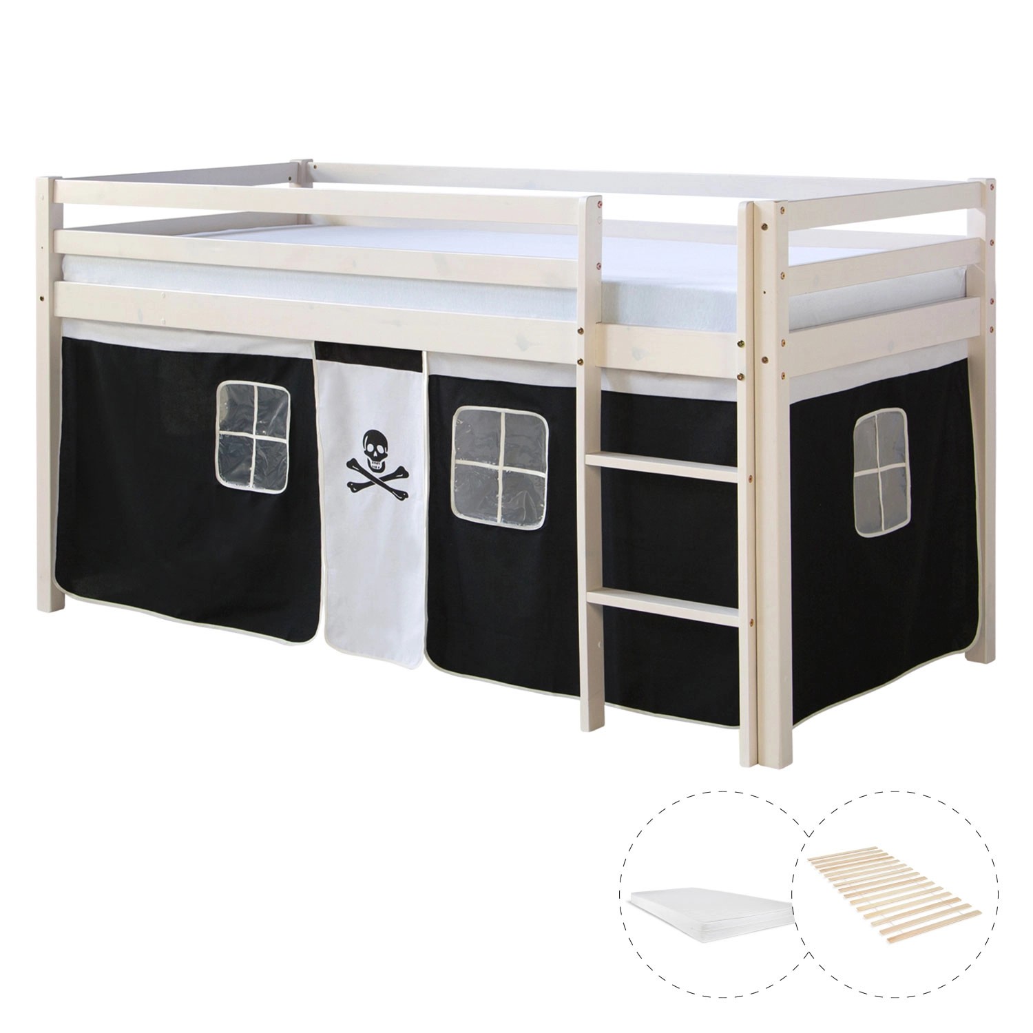 Homestyle4u Hochbett 90x200 mit Vorhang Lattenrost Matratze in Weiß Pirat 2544