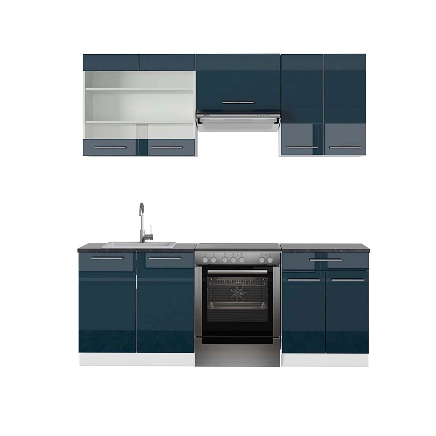 Vicco Fame-Line Küchenschränke Dunkelblau Hochglanz/Weiß 200 cm AP Anthrazit