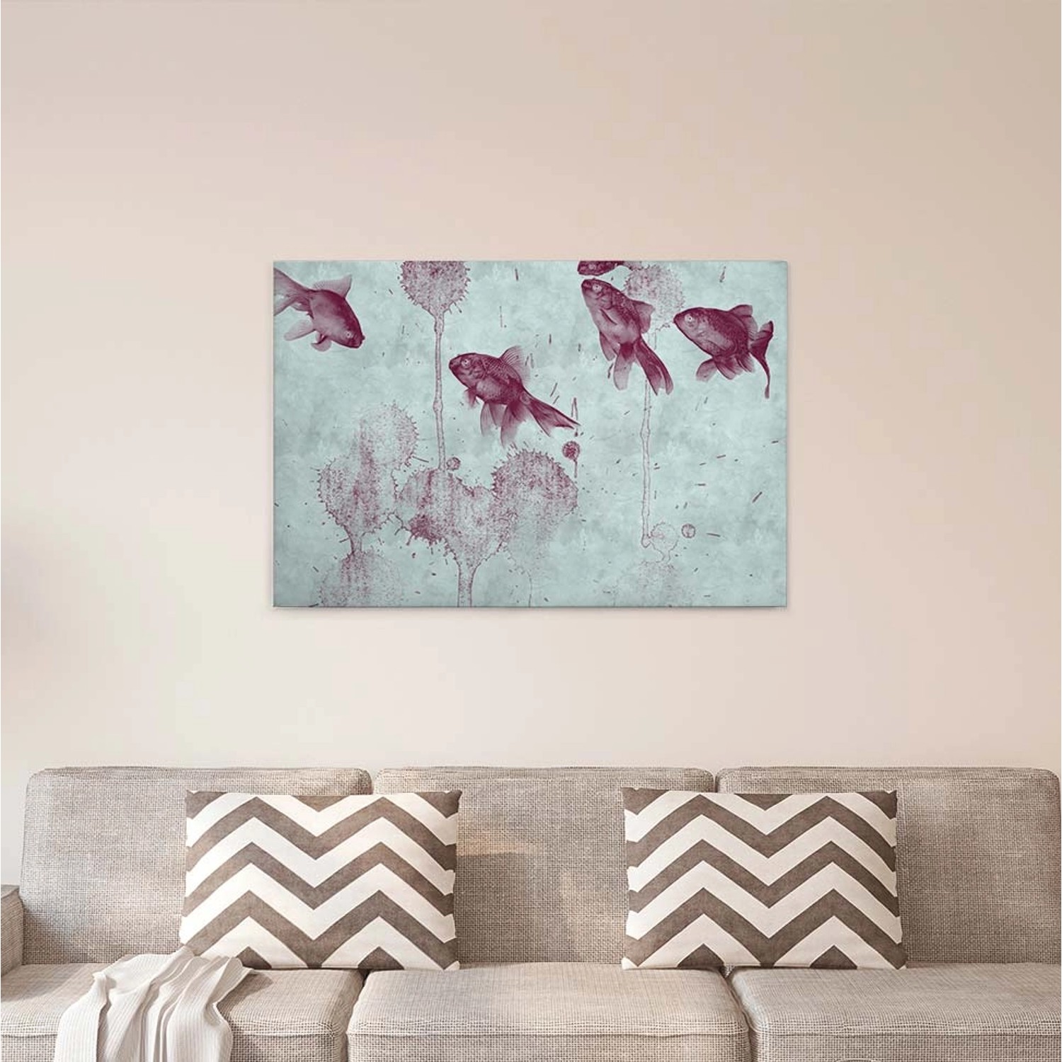 Bricoflor Japan Wandbild Mit Fischen Leinwand Bild In Hellblau Und Lila Aquarell Bild Auf Leinwand Mit Goldfischen In Betonoptik Für Schlafzimmer