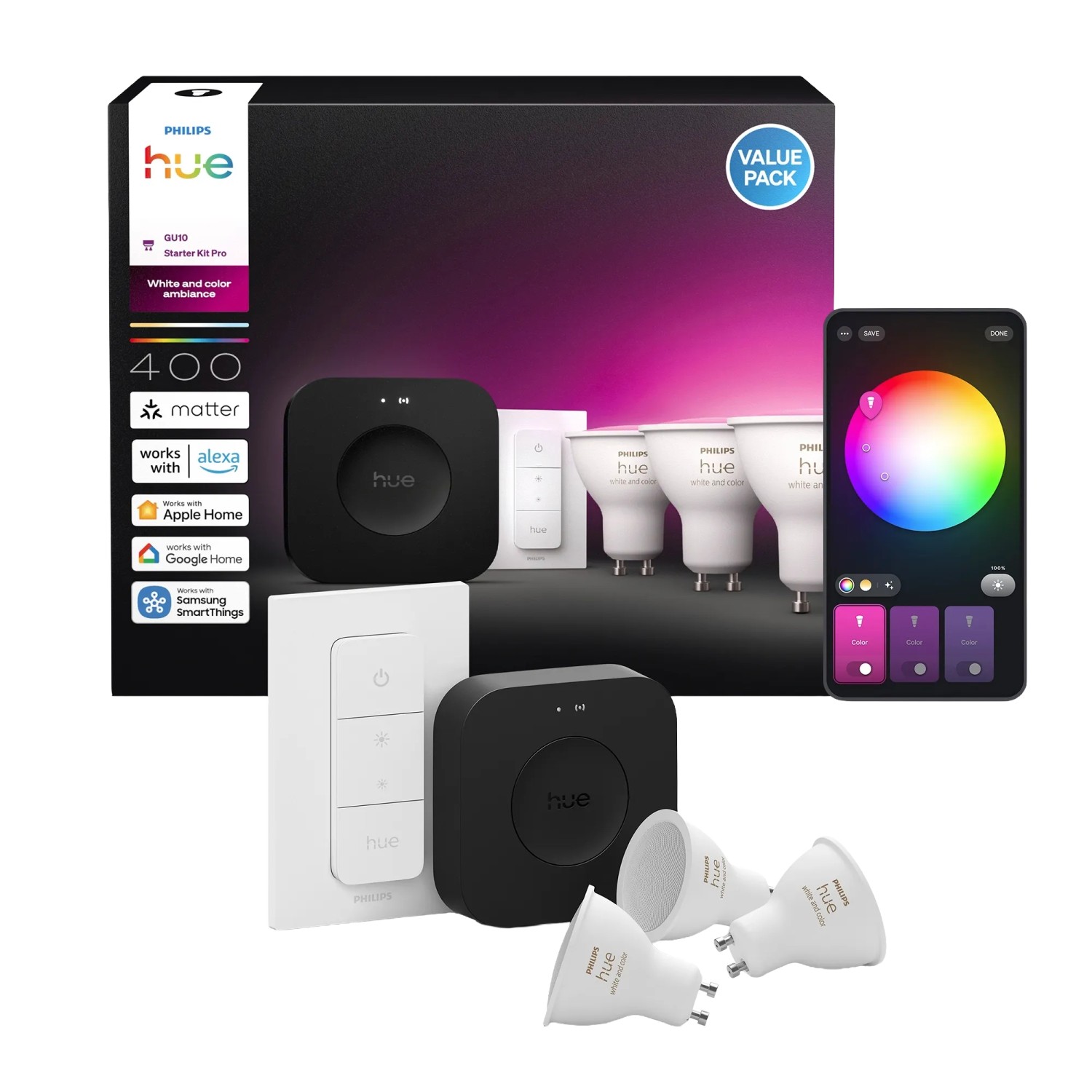 Philips Hue Starter Kit Hue Bridge Pro inkl. 3 x LED-Leuchtmittel GU10 & Dimmer