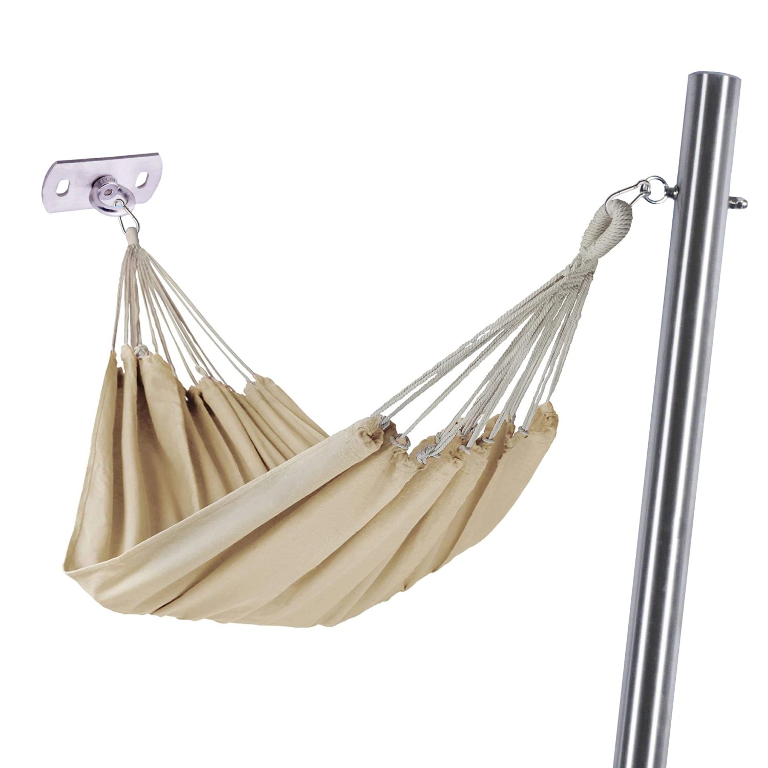 Toldoro Hängematte Cremeweiß Befestigung Aus Edelstahl Bestehend Aus 1x Mast & 1x Wandhalter Aufhängeset für Hängematte Zwischen Wand und Mast
