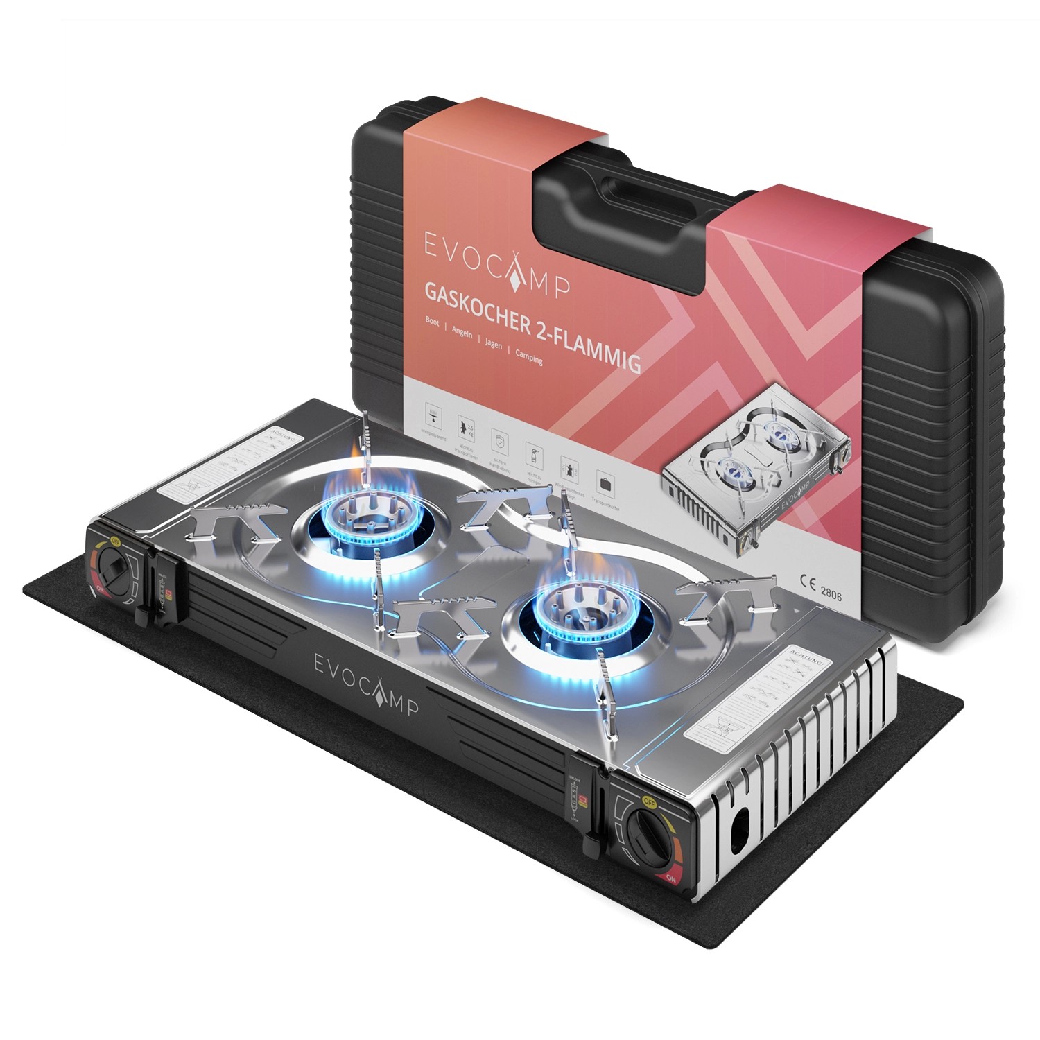 Evocamp Camping Gaskocher 2-Flammig mit Piezozündung und Feuerfester Unterlage 70 x 32 cm