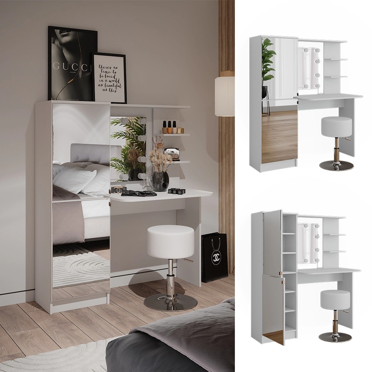 Vicco Schminktisch Weiß 123 cm mit LED-Beleuchtung und Hocker