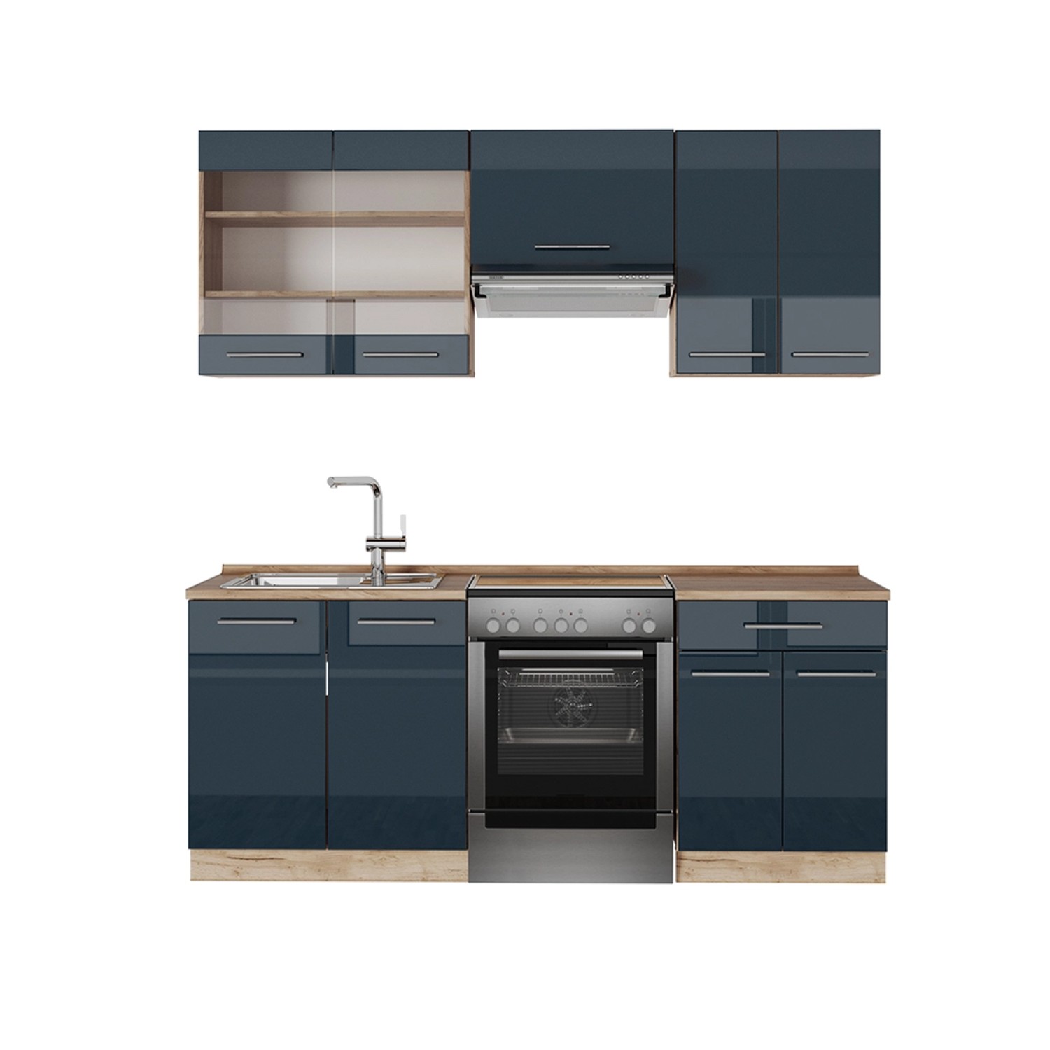 Vicco Fame-Line Küchenschränke Dunkelblau Hochglanz/Goldkraft Eiche 200 cm AP Eiche