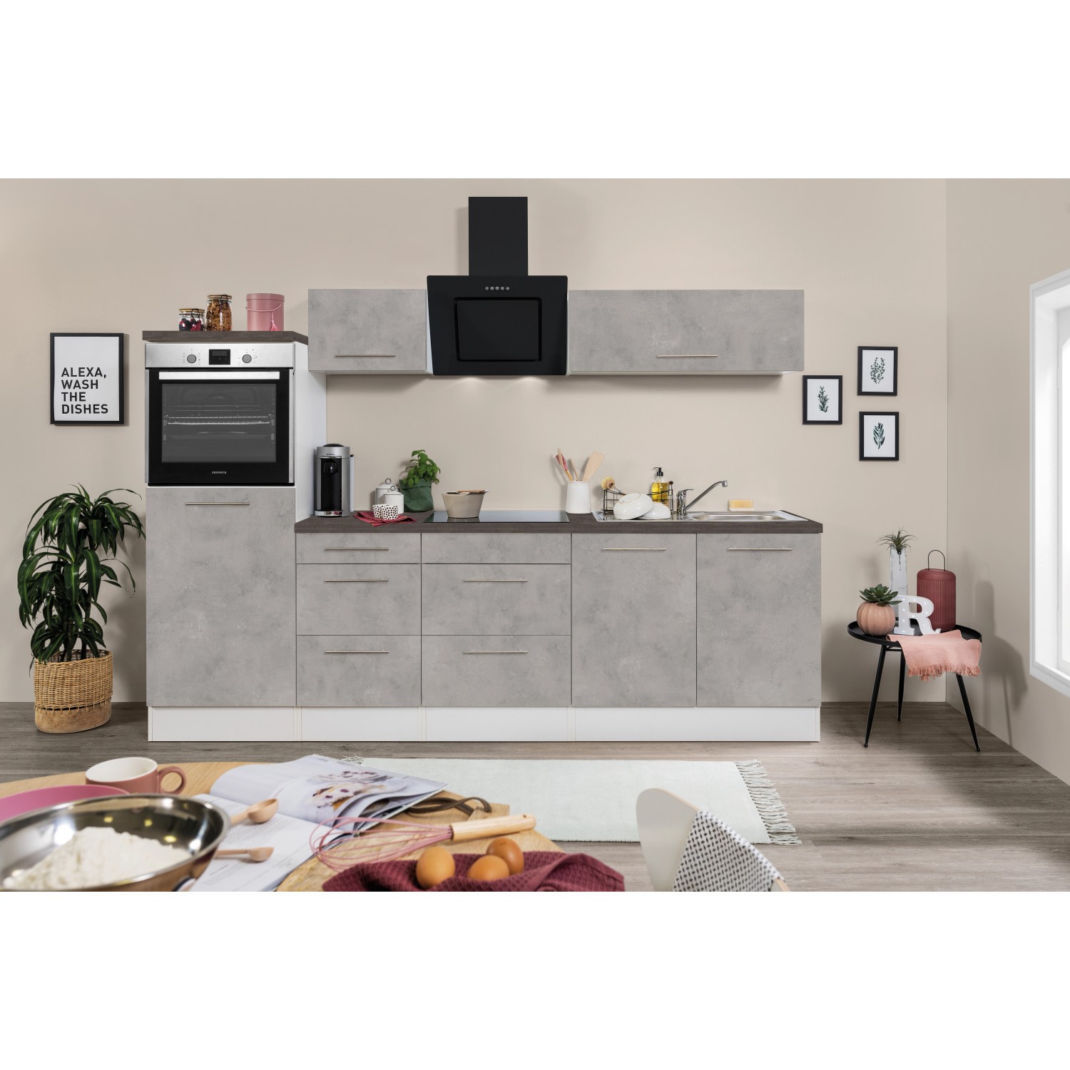 Respekta Premium Küchenzeile Amanda 270 cm Beton-Optik-Weiß