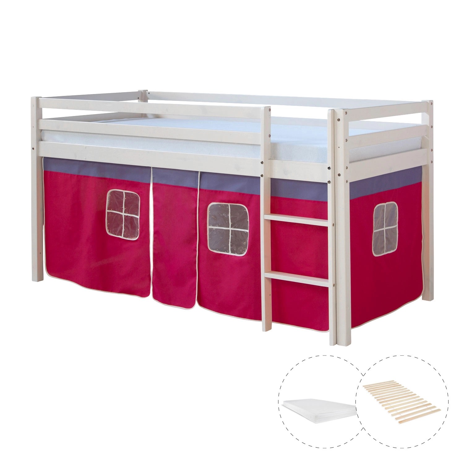 Homestyle4u Hochbett 90x200 mit Vorhang Lattenrost und Matratze in Weiß 2580