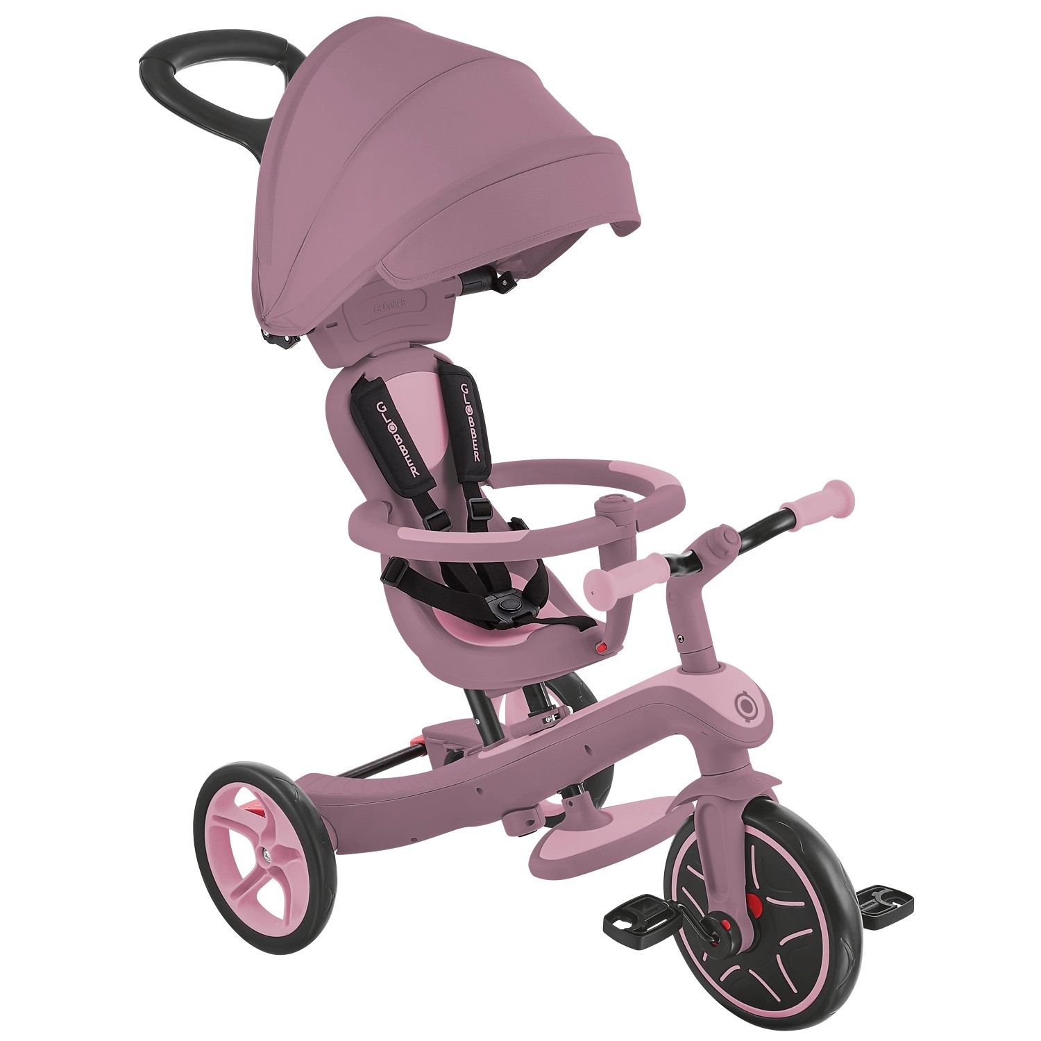 Globber Explorer Trike 4in1 Kinderwagen Dreirad und Laufrad 10/8,5 Zoll TPR-Sitz Höhenverstellbar Beere
