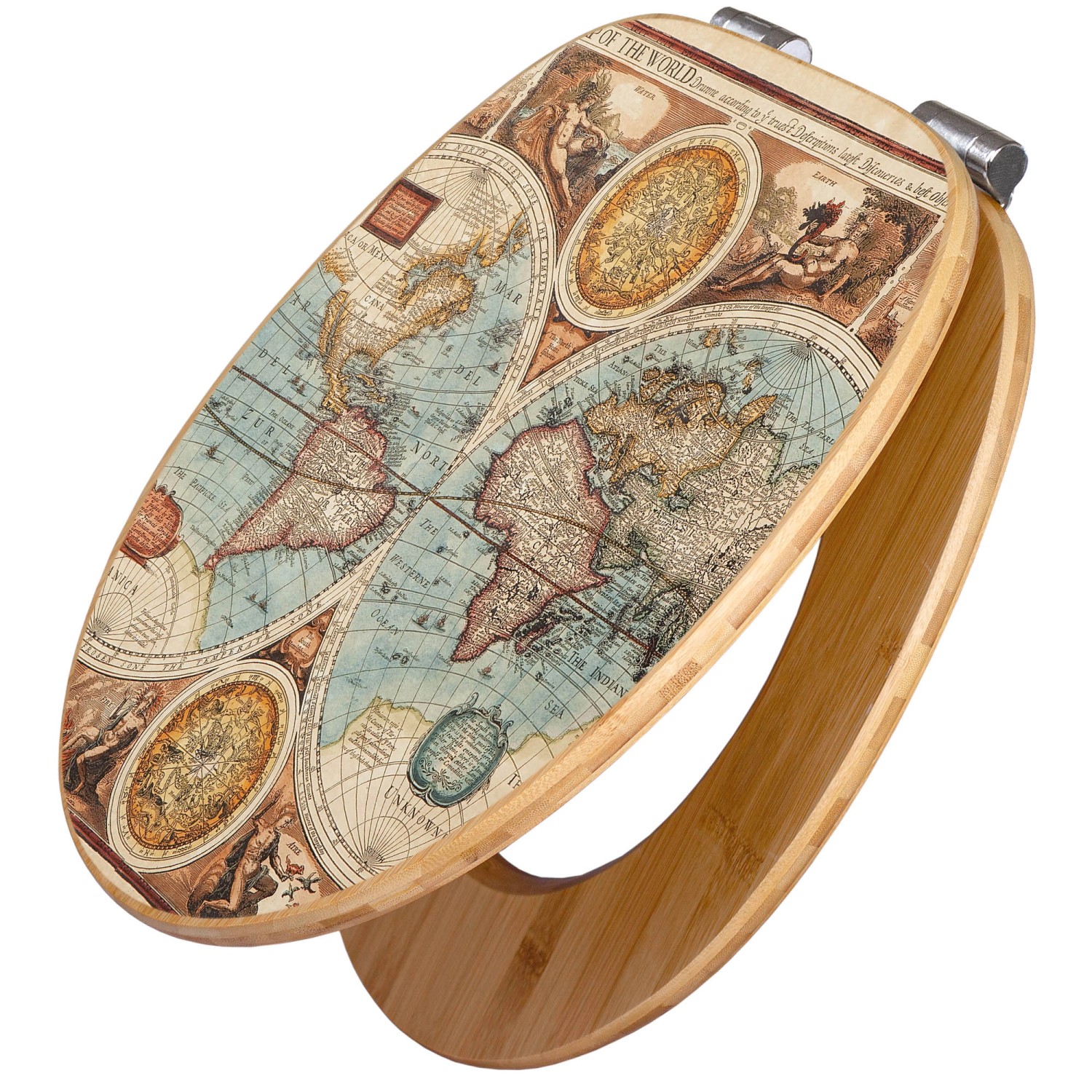 Banjado Design WC Sitz Bambus Holz Toilettendeckel Mit Absenkautomatik Klodeckel WC-Sitz Soft Close Mit Motiv Historische Weltkarte