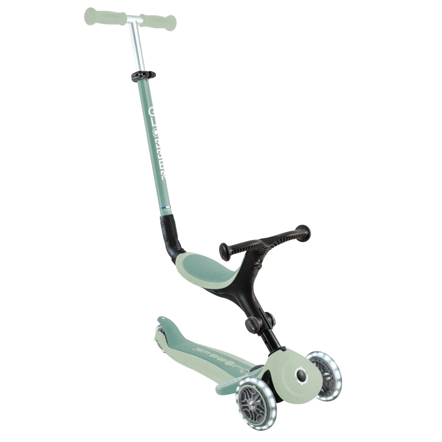 Globber Go-Up Active Lights Eco 3 in 1 Dreirad Laufrad und Scooter 120/80 mm 3-Rädrig Höhenverstellbar Pistazie