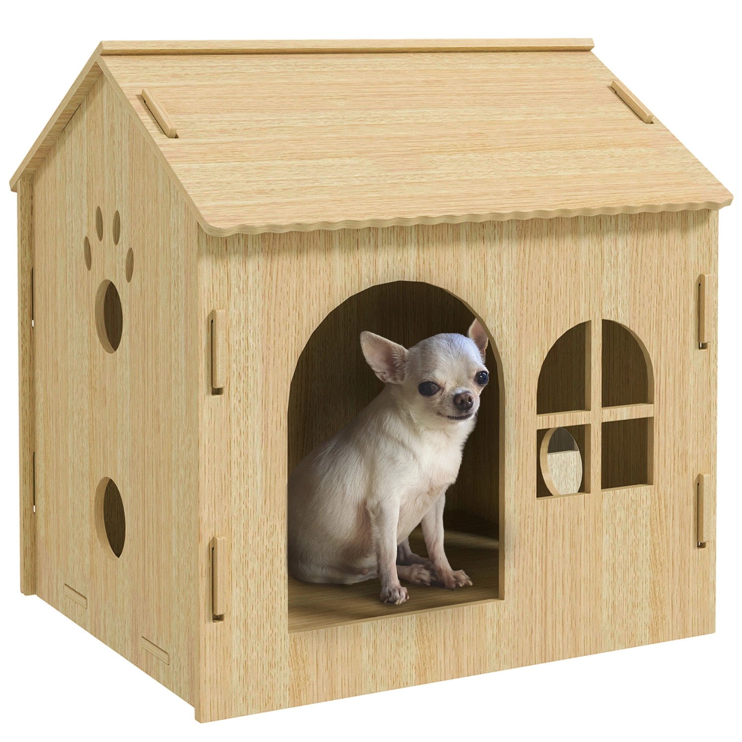 PawHut Hundehütte Katzenhaus mit Pfoten-Design MDF Eiche 49,5L x 41B x 51H cm