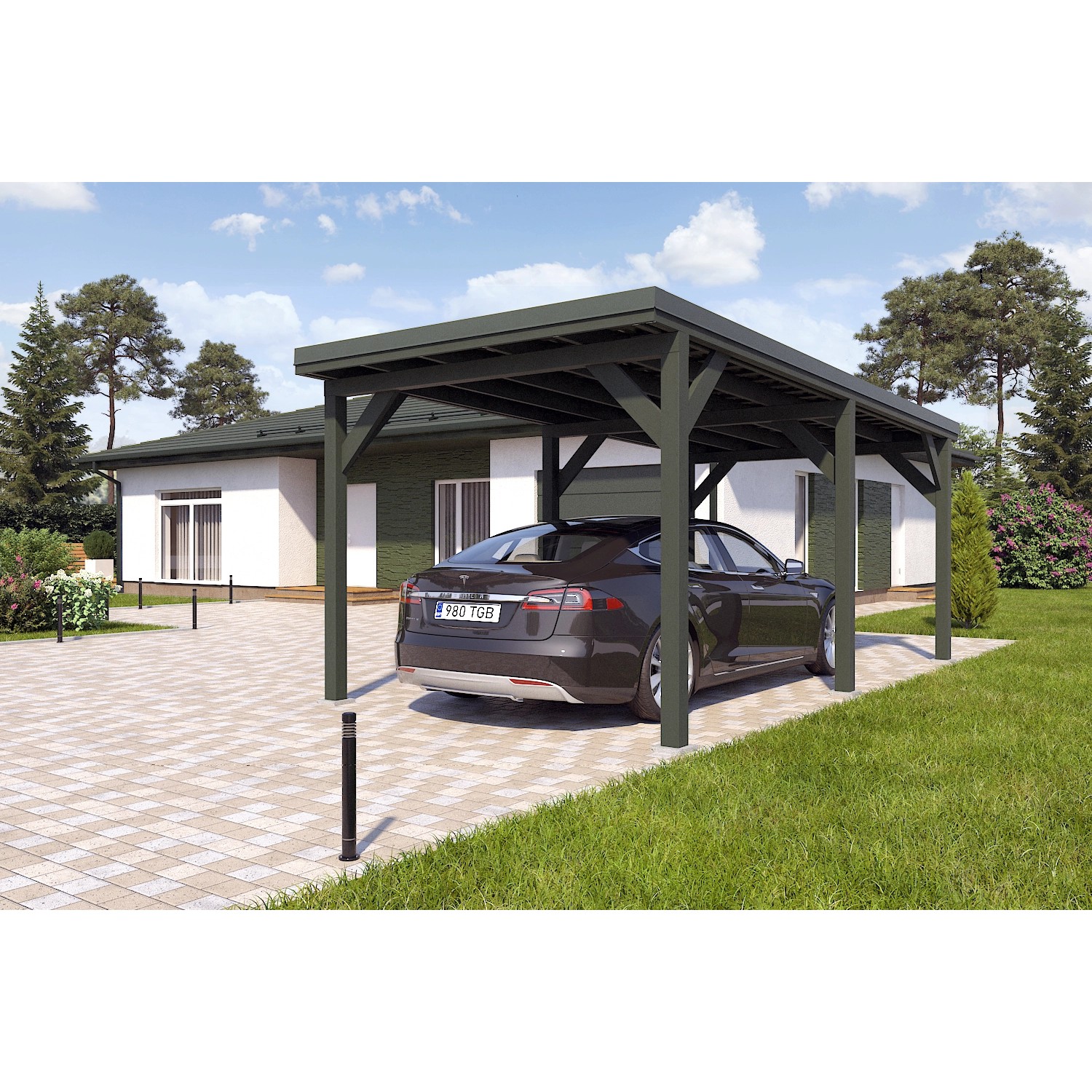 Holzbrüder Carport Ralf 18m² Chromoxidgrün-Dornengrün