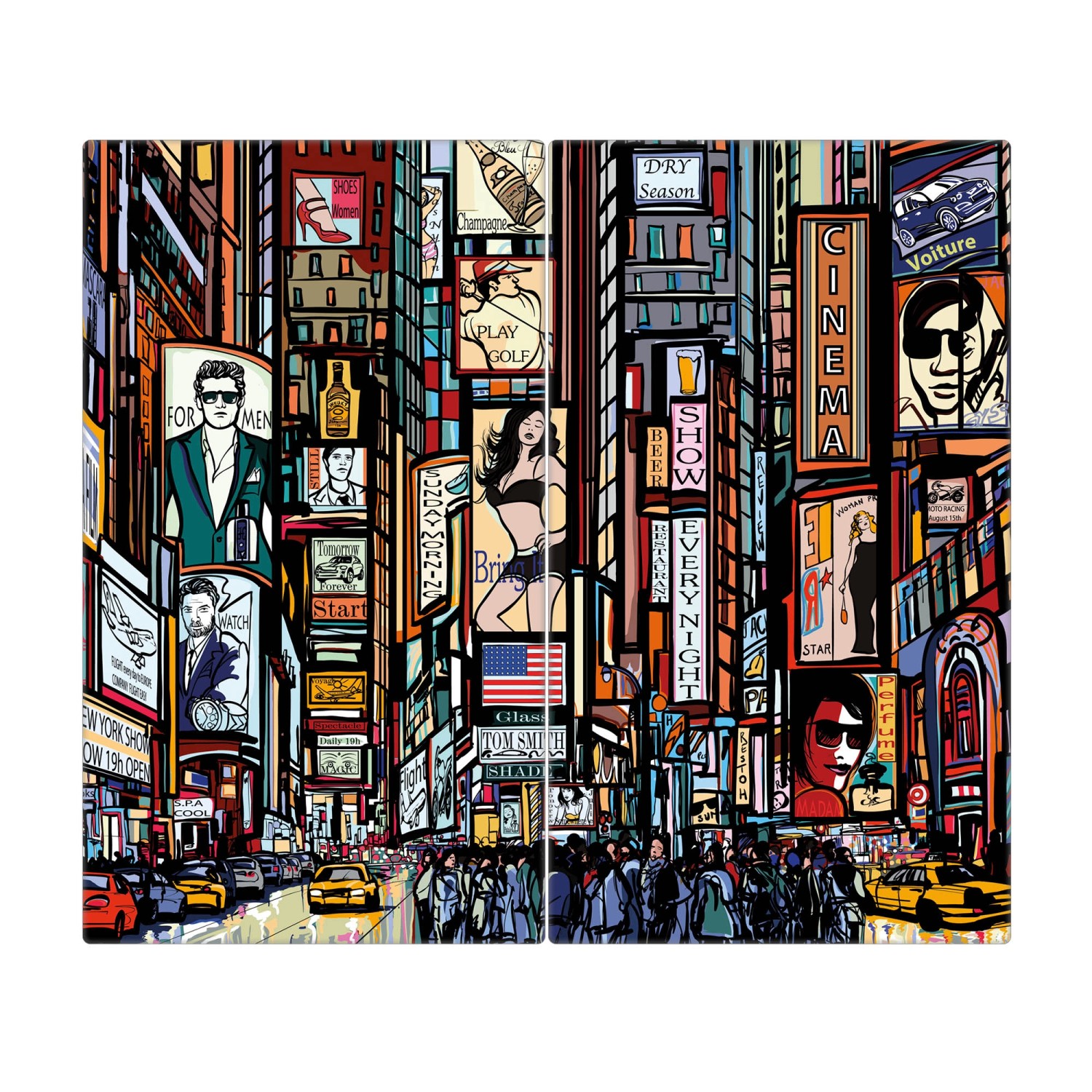 Banjado Herdabdeckplatte Glas 2 Teilig Je 30x52CM Schneidebrett Herdabdeckung Mit Motiv New York Show