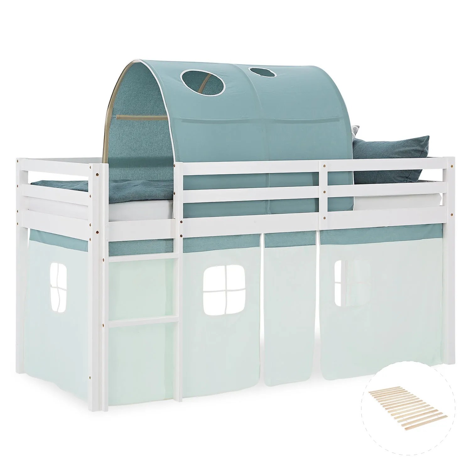 Homestyle4u Kinder Hochbett 90x200 mit Lattenrost Tunnel Vorhang Grün Kinderbett 2937