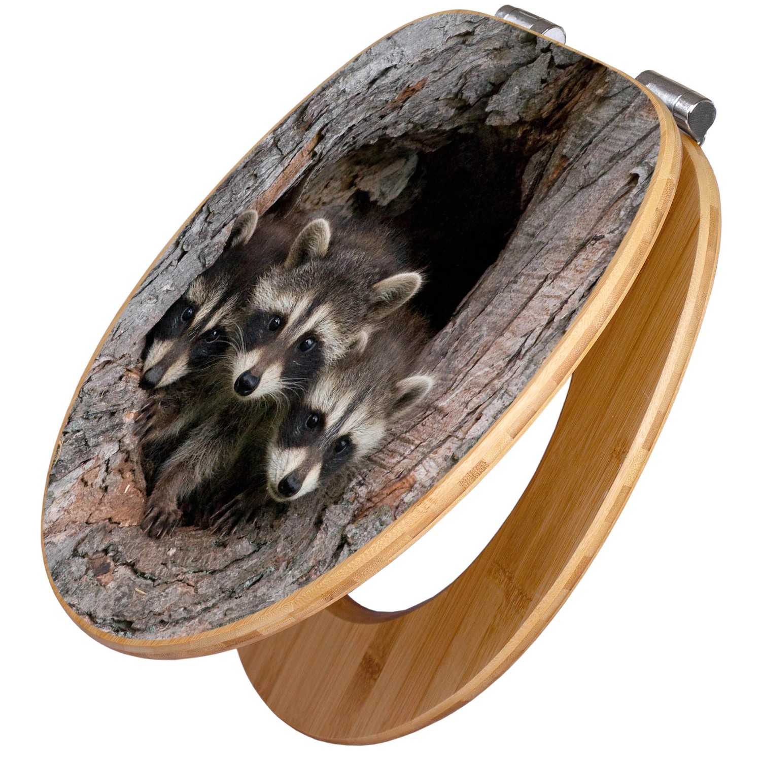 Banjado Design WC Sitz Bambus Holz Toilettendeckel Mit Absenkautomatik Klodeckel WC-Sitz Soft Close Mit Motiv Drei Waschbären