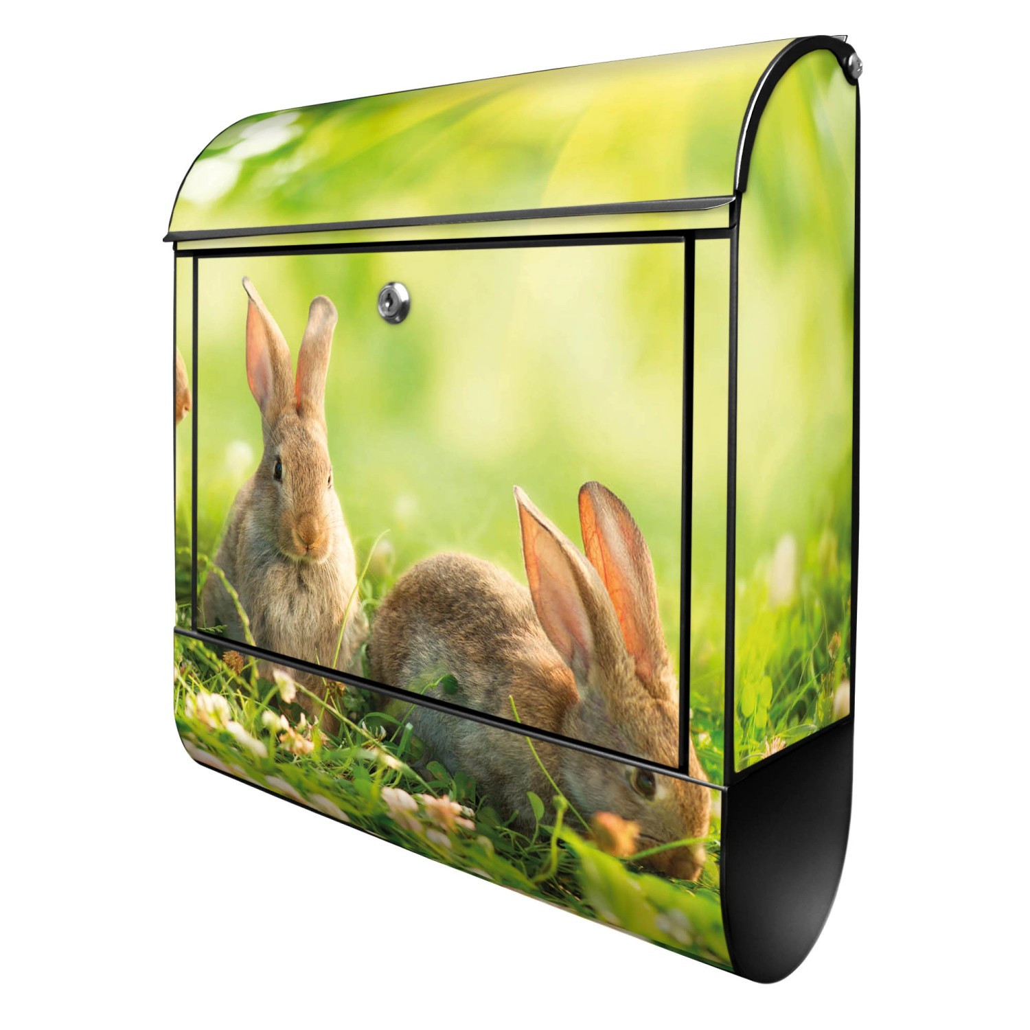 Banjado Design Briefkasten Schwarz Pulverbeschichtet 39x47x14cm 2 Schlüssel Mit Zeitungsfach Motiv Drei Hasen