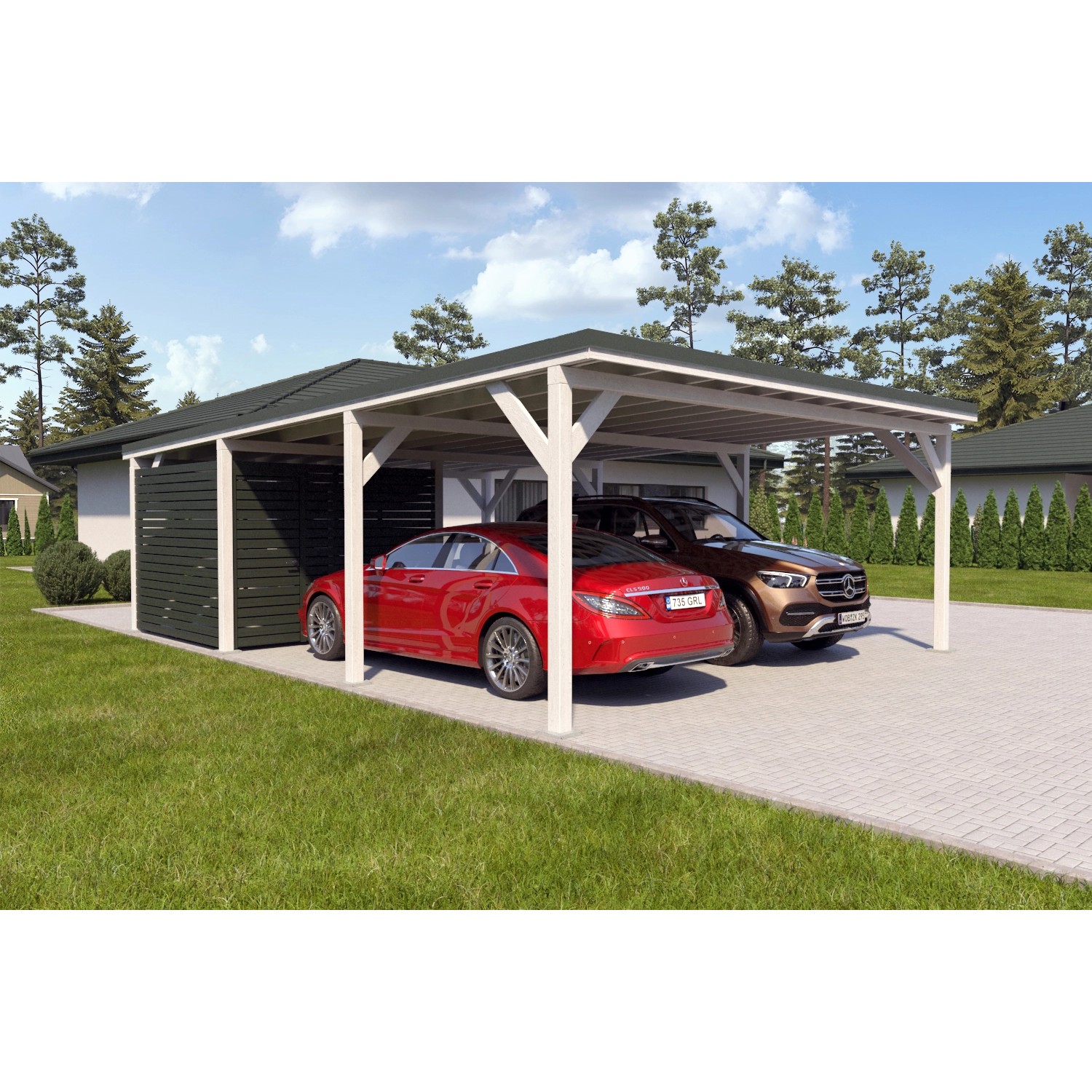 Holzbrüder Carport Ralf 52m² mit kl. Geräteraum Weiß-Dornengrün