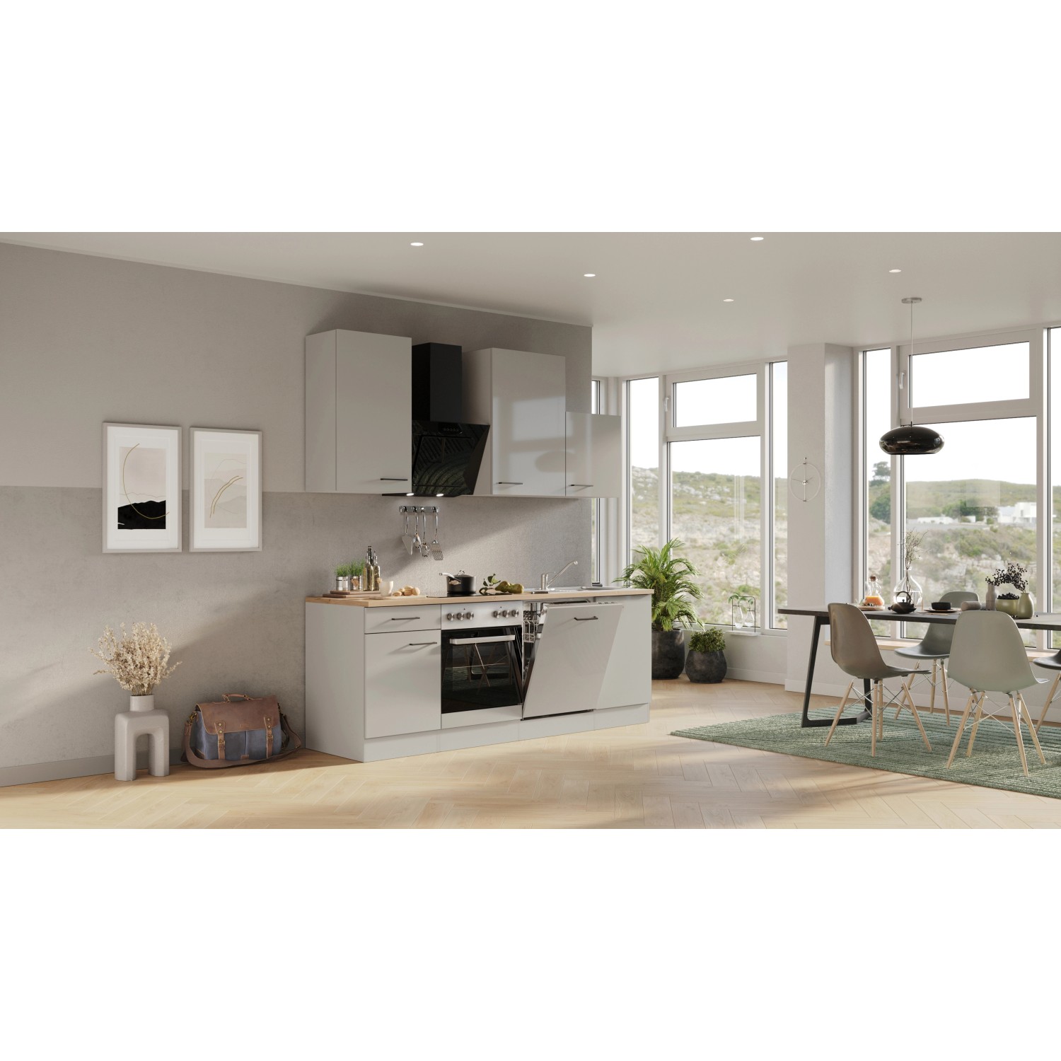 Flex-Well Exclusiv Küchenzeile 1701-017 Lund 220 cm Lichtgrau glänzend-Rauchgrau