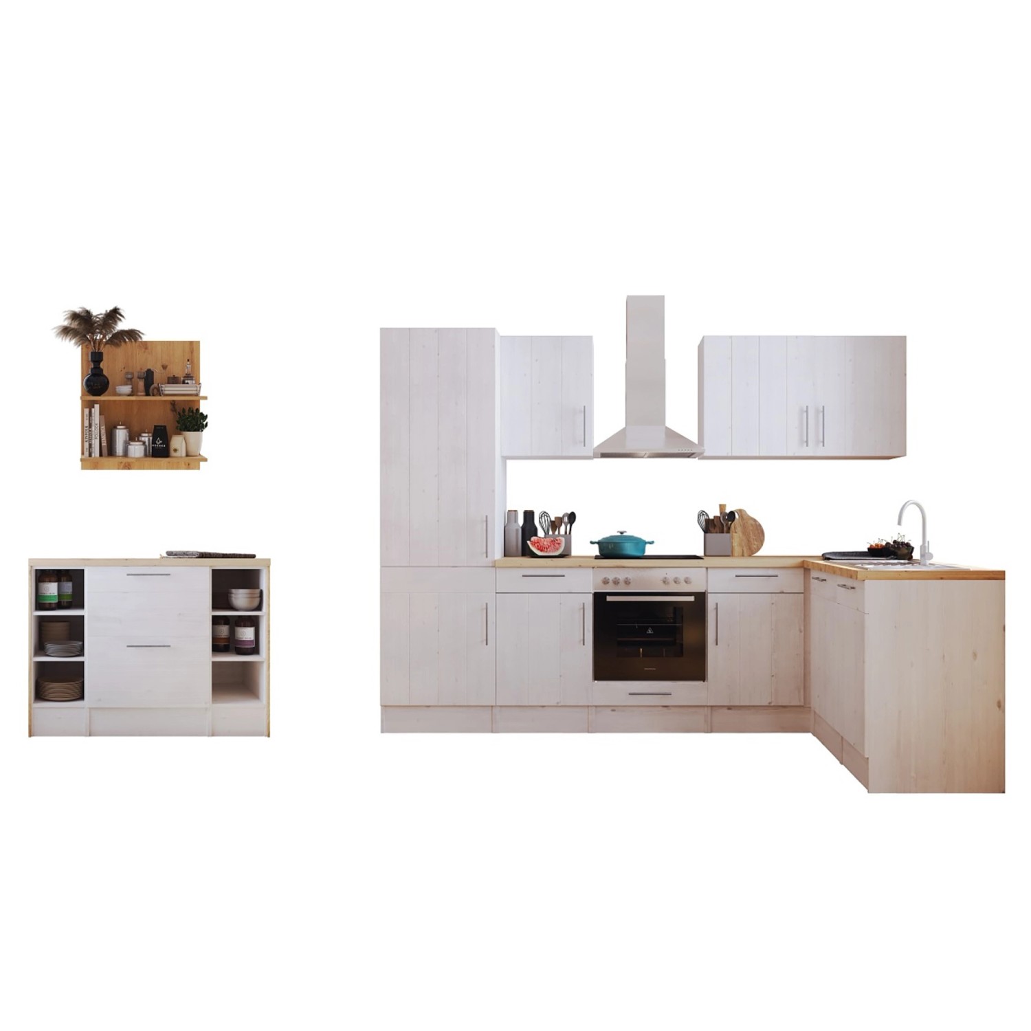 Respekta Landhaus Winkelküche Anton 280 x 172 cm mit Kücheninsel Lärche Weiß