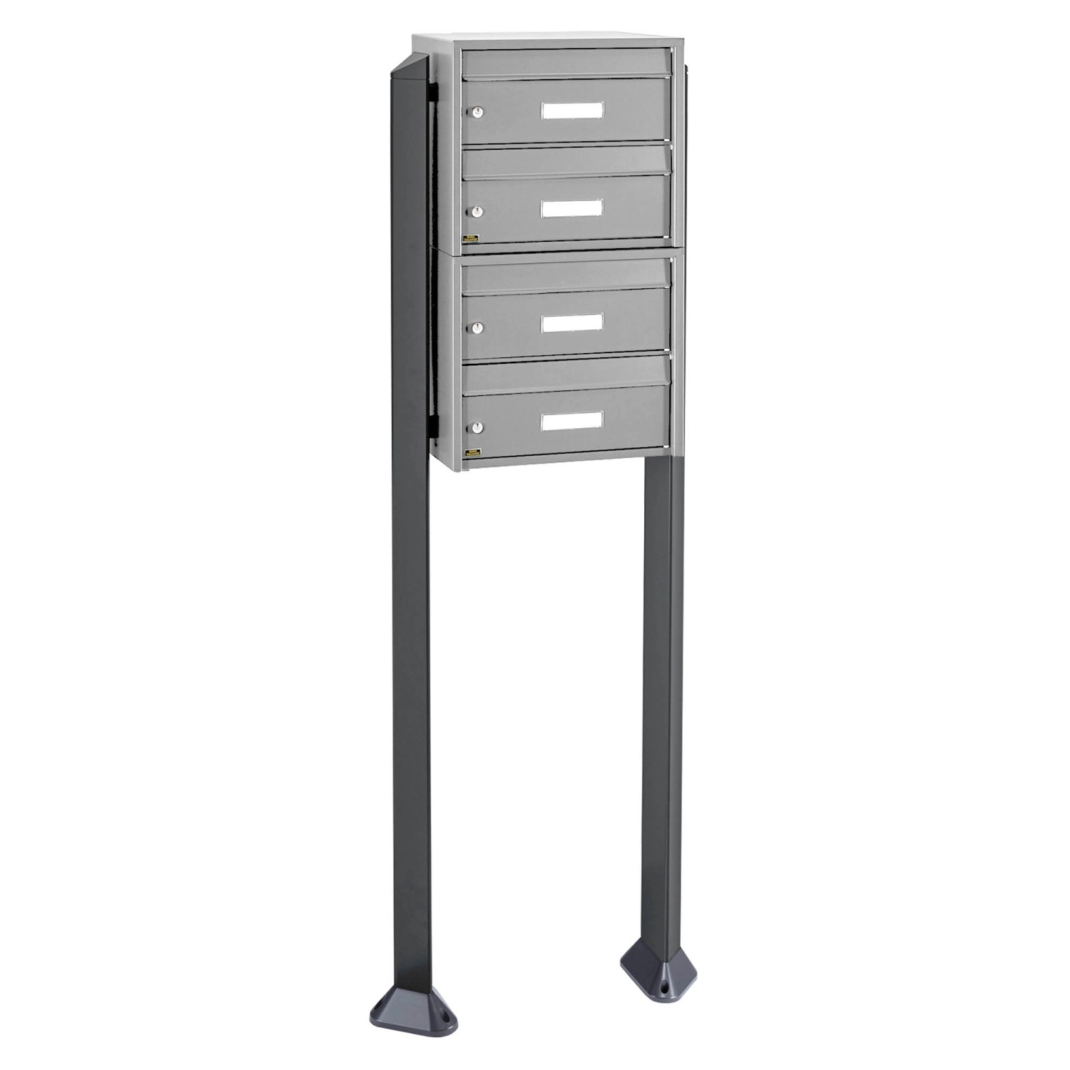 Burg Wächter Briefkasten mit Standfuß / Briefkasten 4 Parteien / Standbriefkasten Edelstahl / Standbriefkasten Freistehend / Namensschild