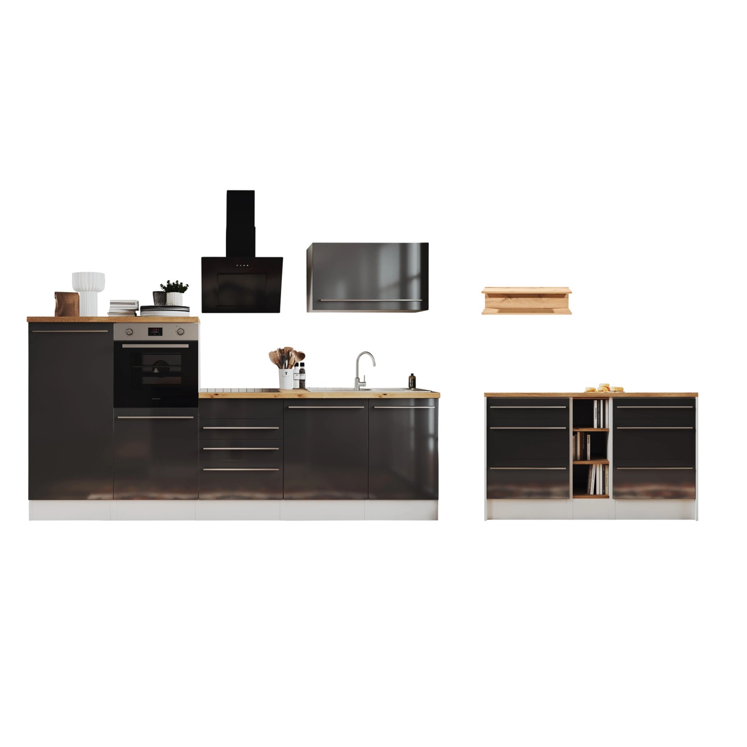 Respekta Küchenzeile Gabriel 290 cm mit Kücheninsel Grau Hochglanz