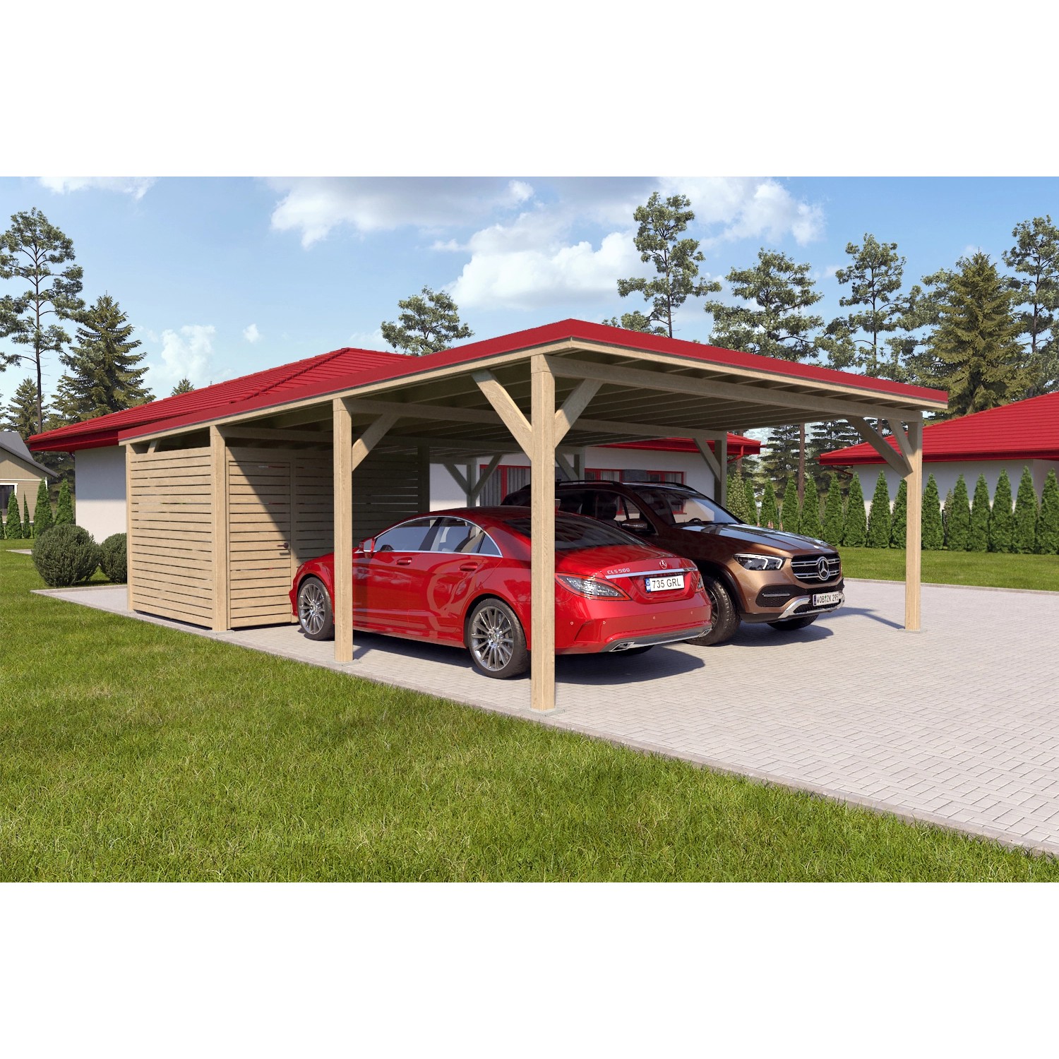 Holzbrüder Carport Ralf 52m² mit kl. Geräteraum Impräg.-Rot