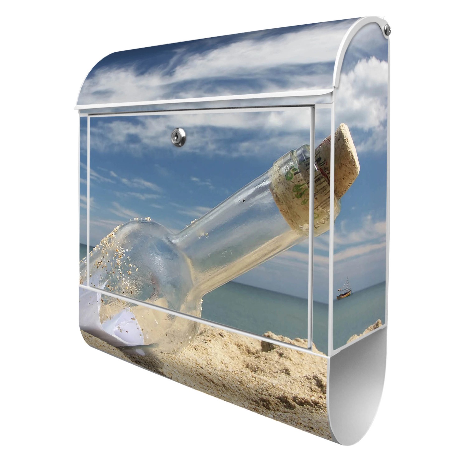 Banjado Design Briefkasten Weiß Pulverbeschichtet, 39x47x14cm, 2 Schlüssel, Mit Zeitungsfach Motiv Flaschenpost