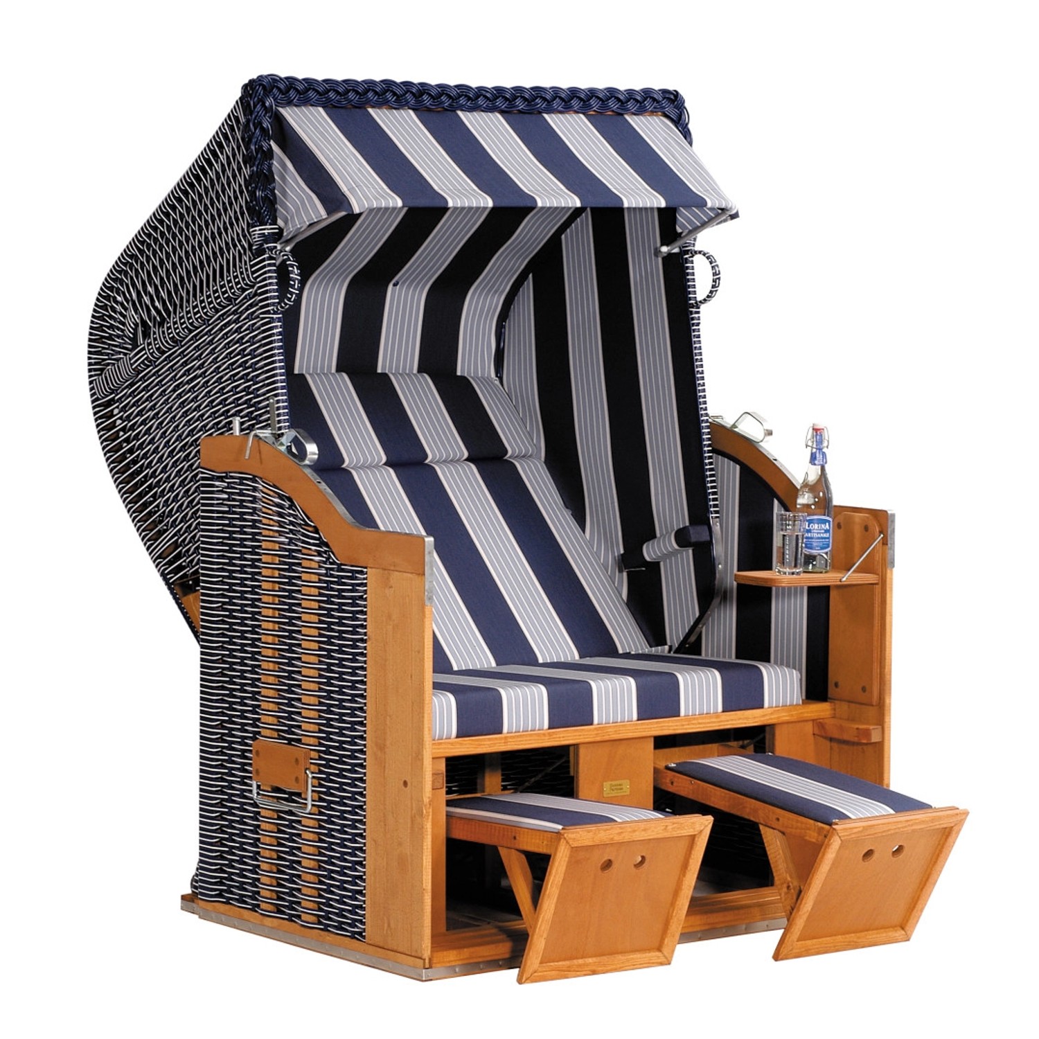 Natur24 Strandkorb Classic Halbliegemodell 2-Sitzer Blau / Weiß