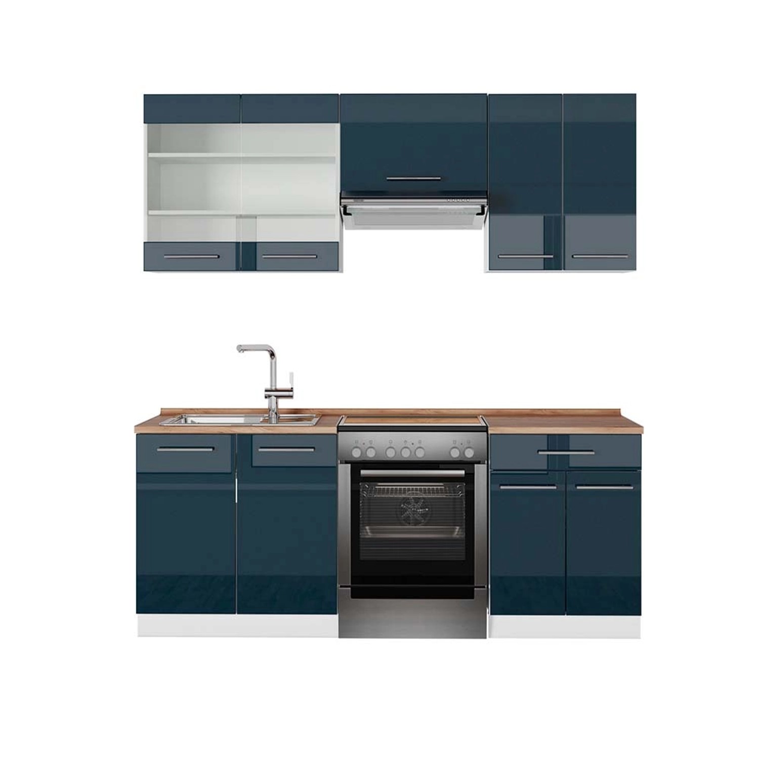 Vicco Fame-Line Küchenschränke Dunkelblau Hochglanz/Weiß 200 cm AP Eiche