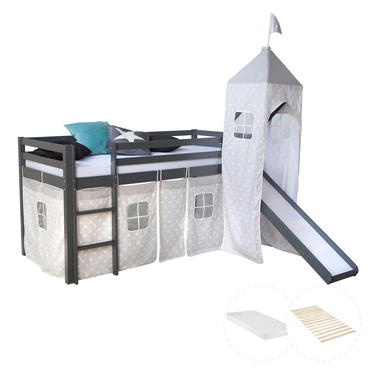 Homestyle4u Kinderhochbett 90x200 Grau mit Lattenrost Rutsche Matratze 2786