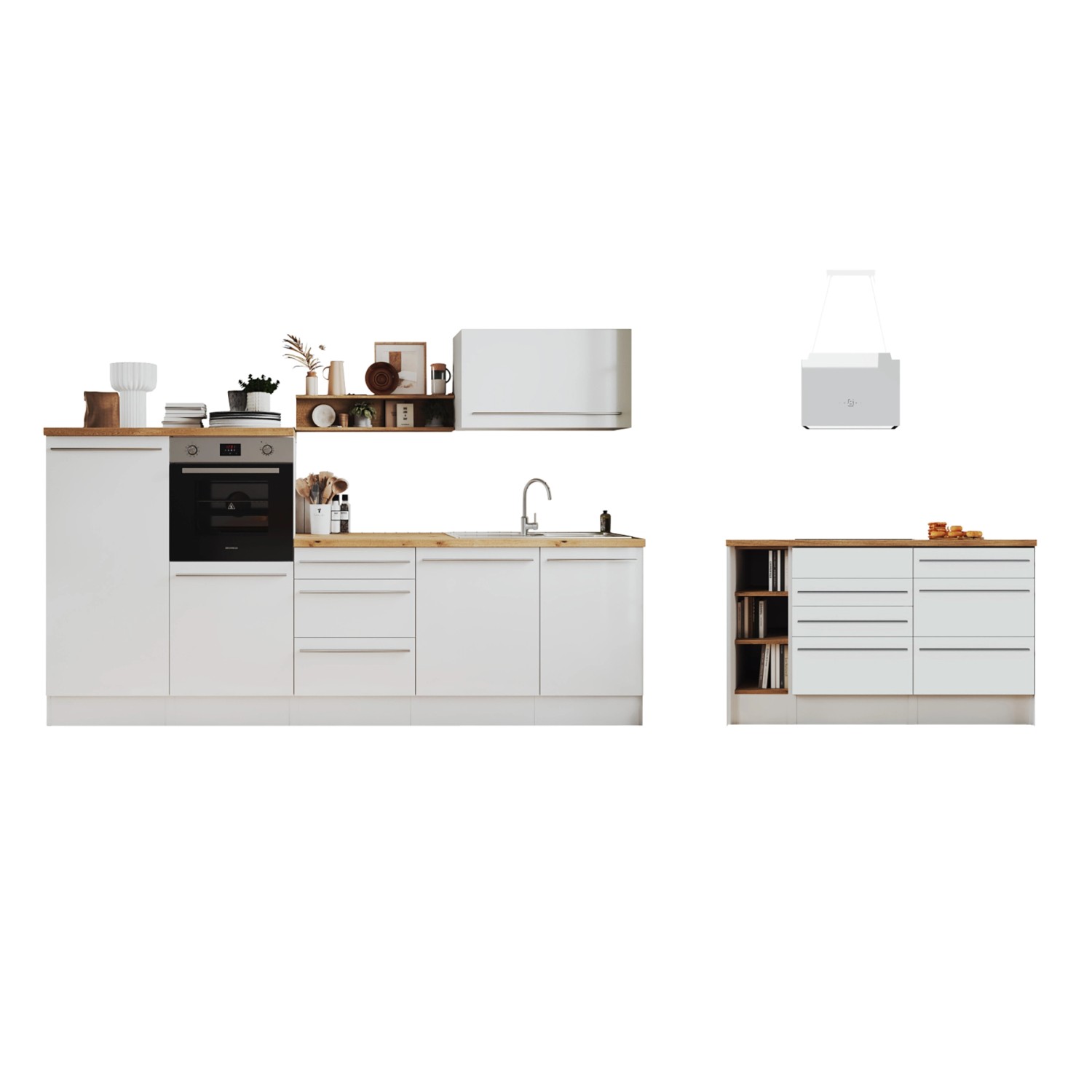 Respekta Inselküche Gabriel 290 cm Weiß Hochglanz