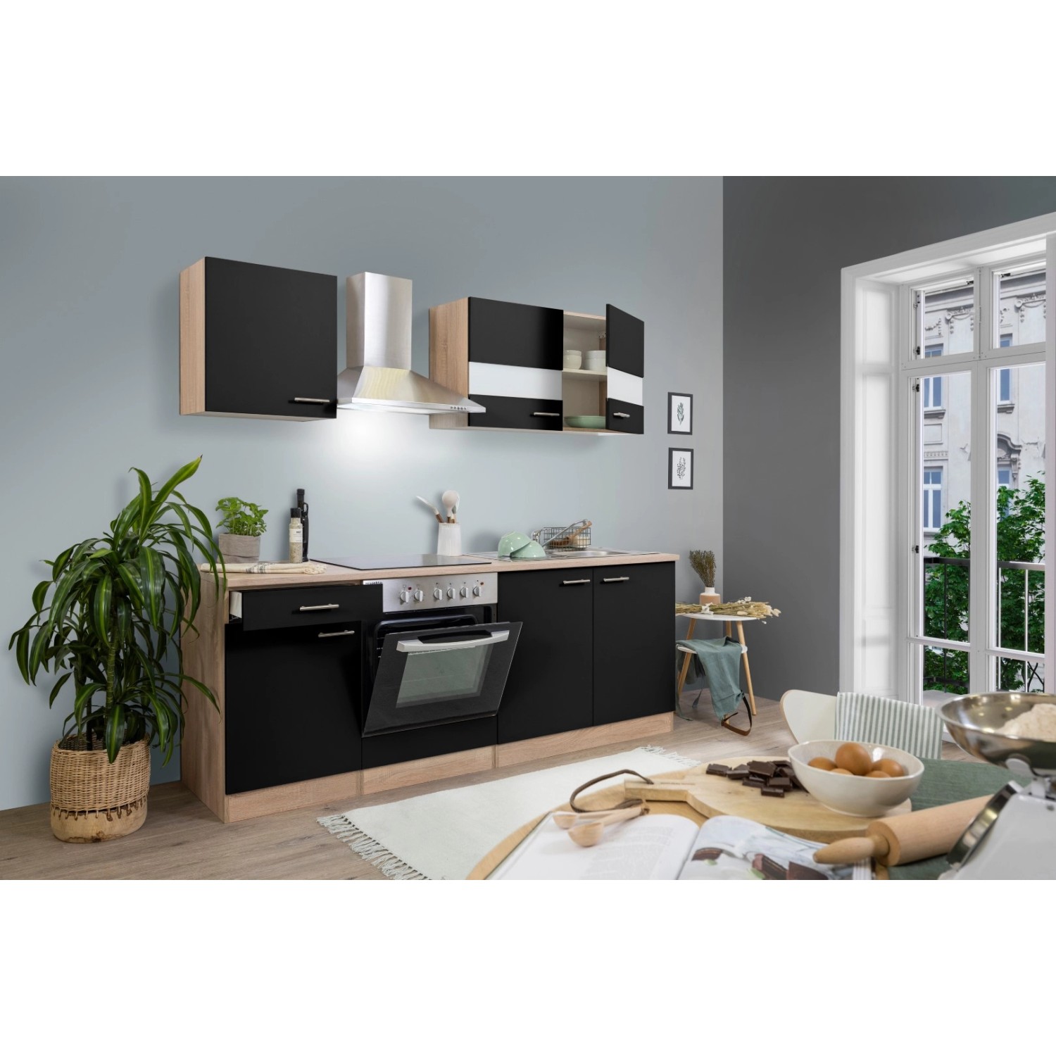 Respekta Küchenzeile KB210ESSC 210 cm Schwarz-Eiche Sägerau Nachbildung