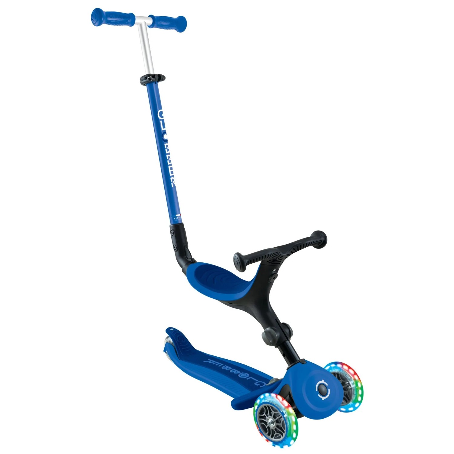 Globber Go-Up Active Lights 3 in 1 Dreirad Laufrad und Scooter 120/80 mm 3-Rädrig Höhenverstellbar Dunkelblau