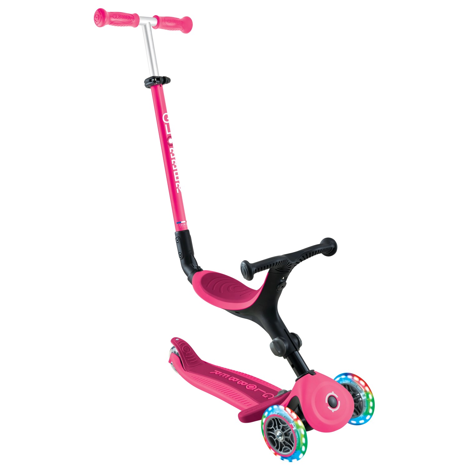 Globber Go-Up Active Lights 3 in 1 Dreirad Laufrad und Scooter 120/80 mm 3-Rädrig Höhenverstellbar Fuchsia Pink