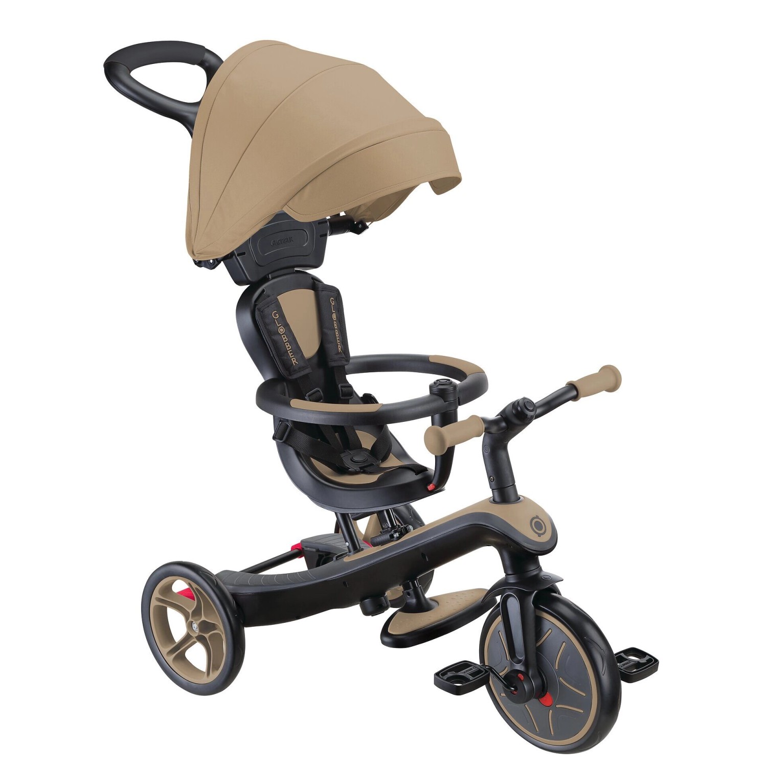 Globber Explorer Trike 4in1 Kinderwagen Dreirad und Laufrad 10/8,5 Zoll TPR-Sitz Höhenverstellbar Hellbraun