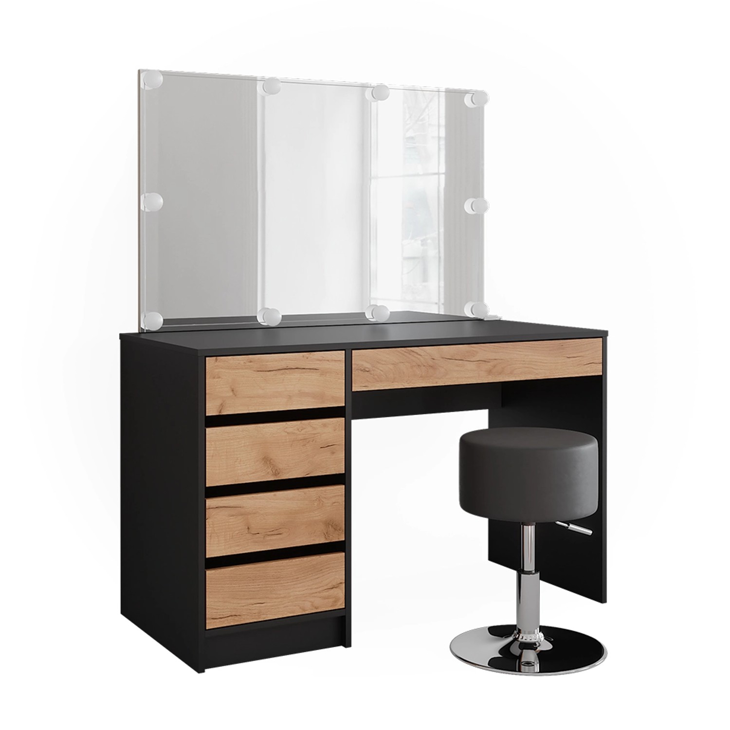 Vicco Schminktisch Sherry Anthrazit/Goldkraft Eiche 120 x 75 cm mit LED-Beleuchtung und Hocker