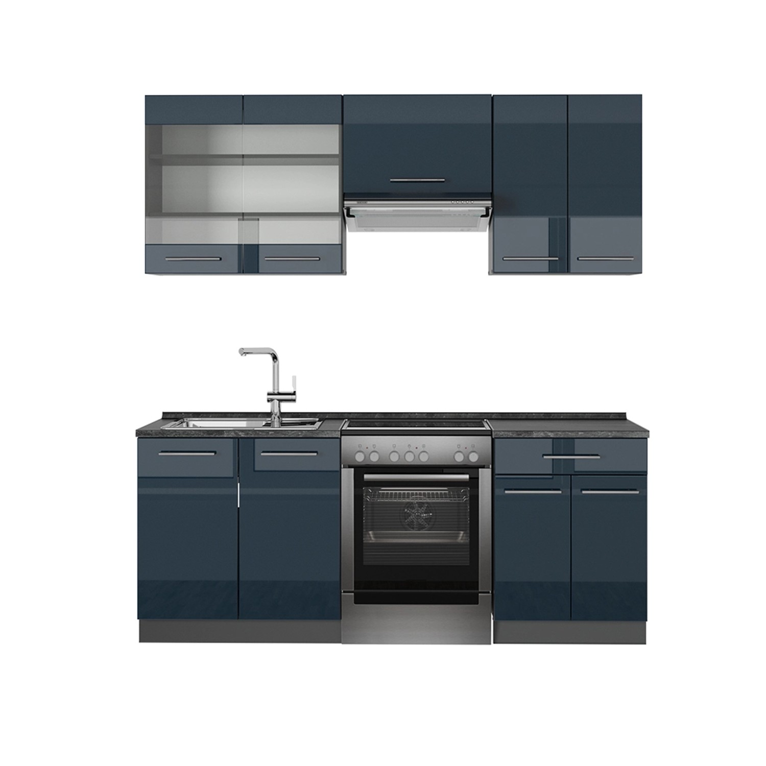 Vicco Fame-Line Küchenzeile Dunkelblau Hochglanz/Anthrazit 200 cm ohne Arbeitsplatte