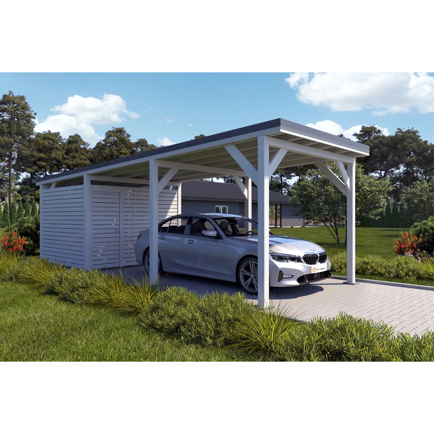 Holzbrüder Carport Ralf 26m² mit Geräteraum Reinweiß-Dunkelgrau