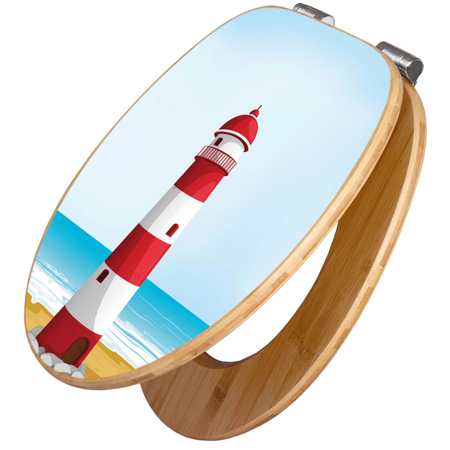 Banjado Design WC Sitz Bambus Holz Toilettendeckel Mit Absenkautomatik Klodeckel WC-Sitz Soft Close Mit Motiv Leuchtturm Illustration