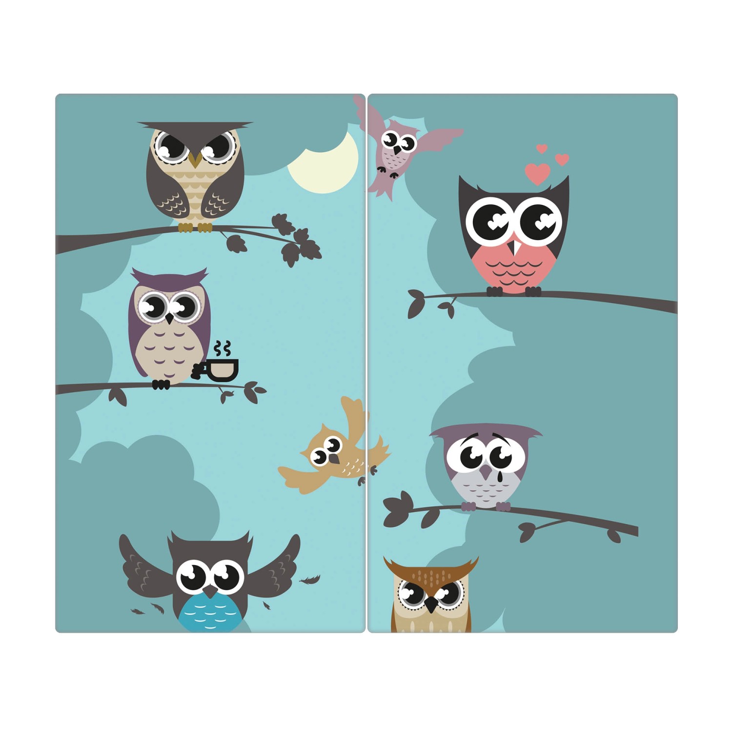 Banjado Herdabdeckplatte Glas 2 Teilig Je 30x52CM Schneidebrett Herdabdeckung Mit Motiv Acht Eulen