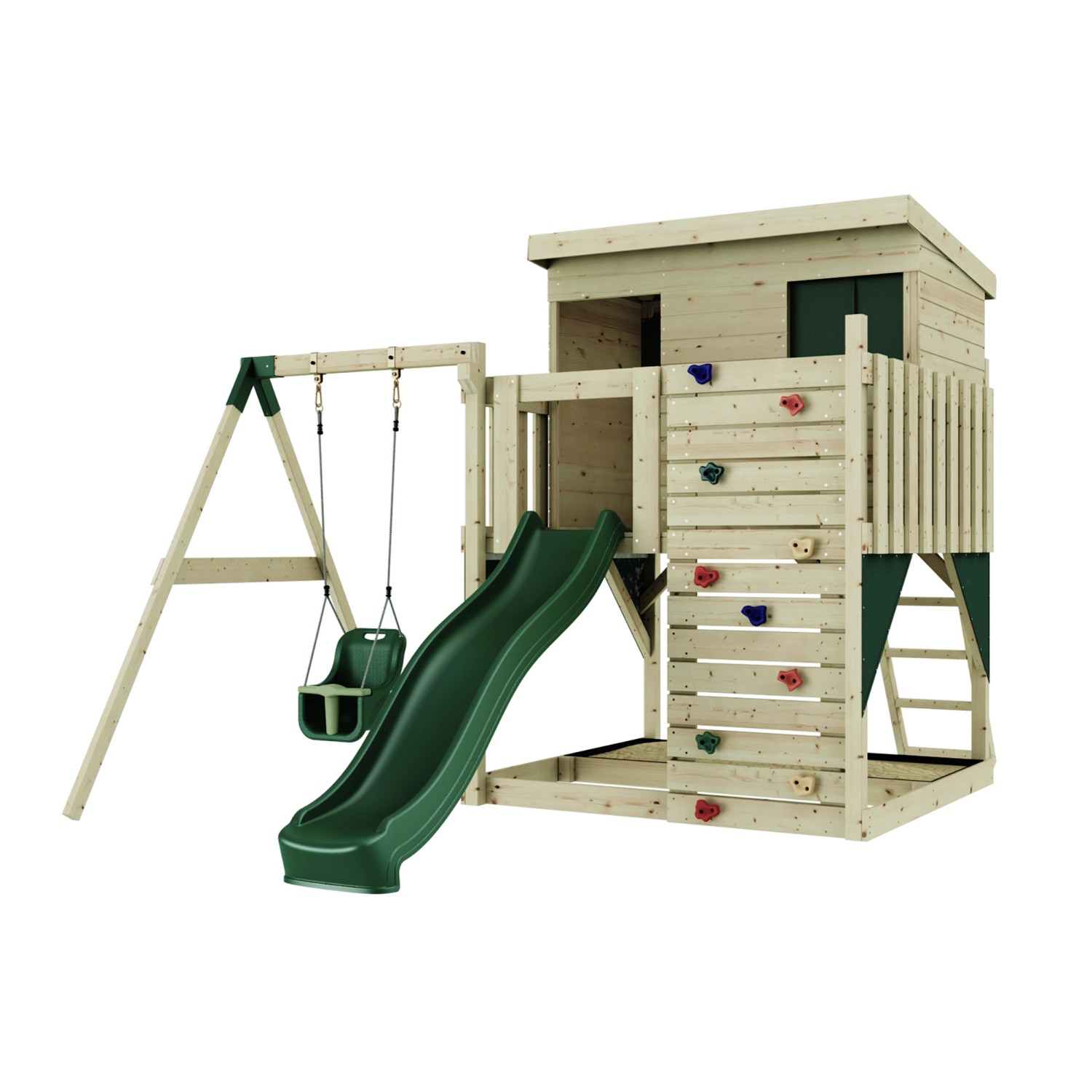 PolarPlay Spielturm Tjorven, mit Babyschaukel, Dunkelgrün