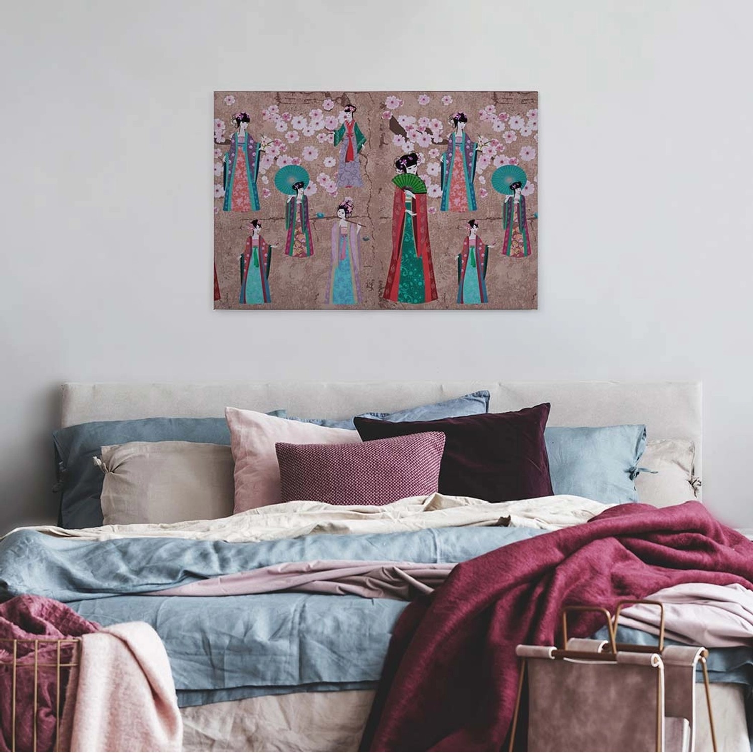 Bricoflor Wandbild Im Japan Stil Mit Kimono Und Kirschblüten Buntes Leinwand Bild Asien Motiv Moderne Canvas Leinwand Im Querformat Für Schlafzimmer