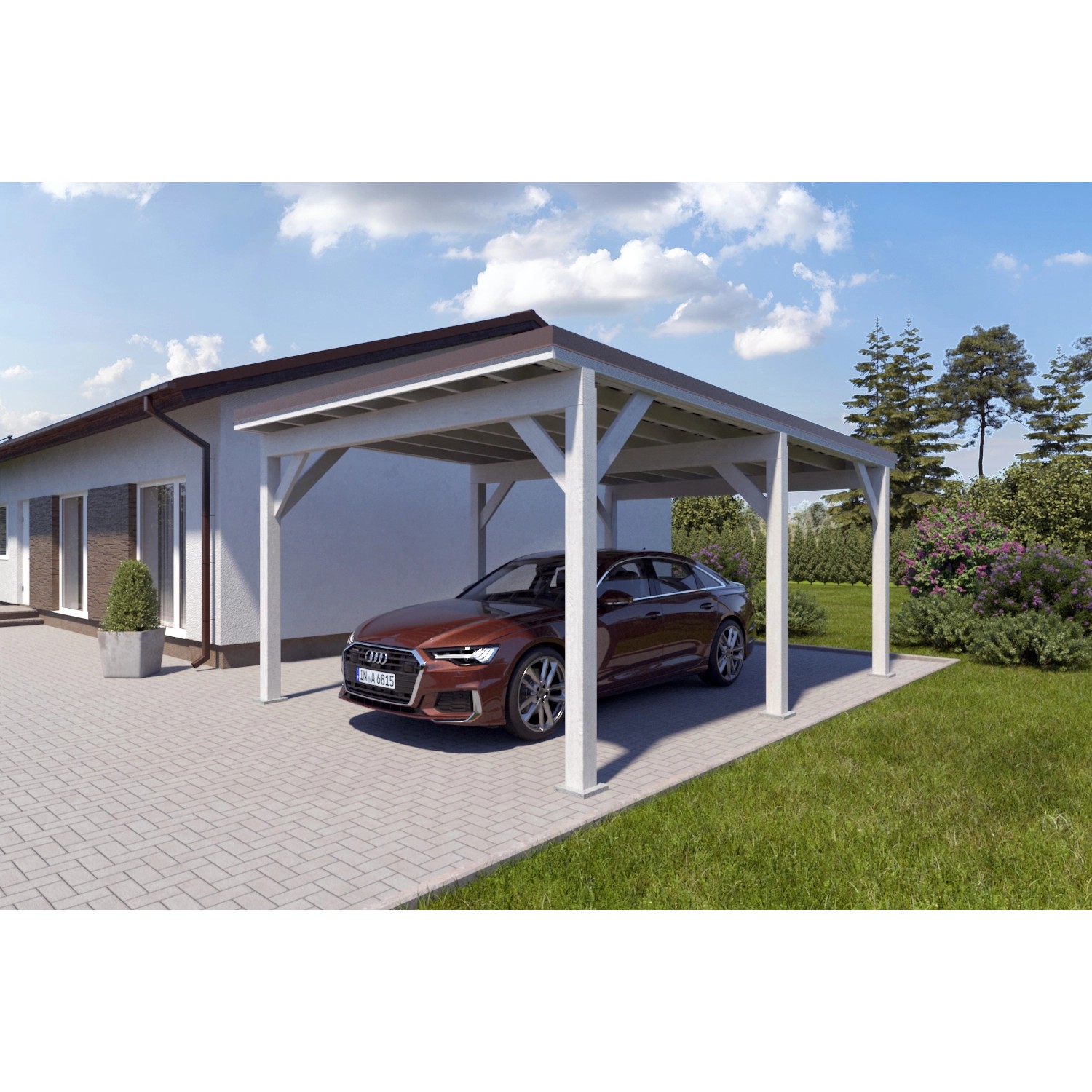 Holzbrüder Carport Ralf 24m² Reinweiß-Dunkelbraun