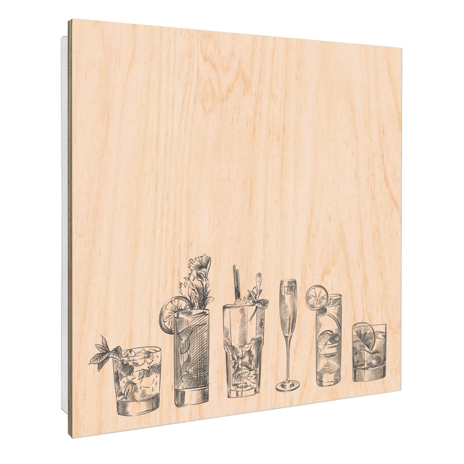 Banjado Großer Schlüsselbox Holz 30x30cm Weiß Scharnier Rechts 50 Haken Schlüsselkasten mit Holzfront Motiv Cocktail Skizzen