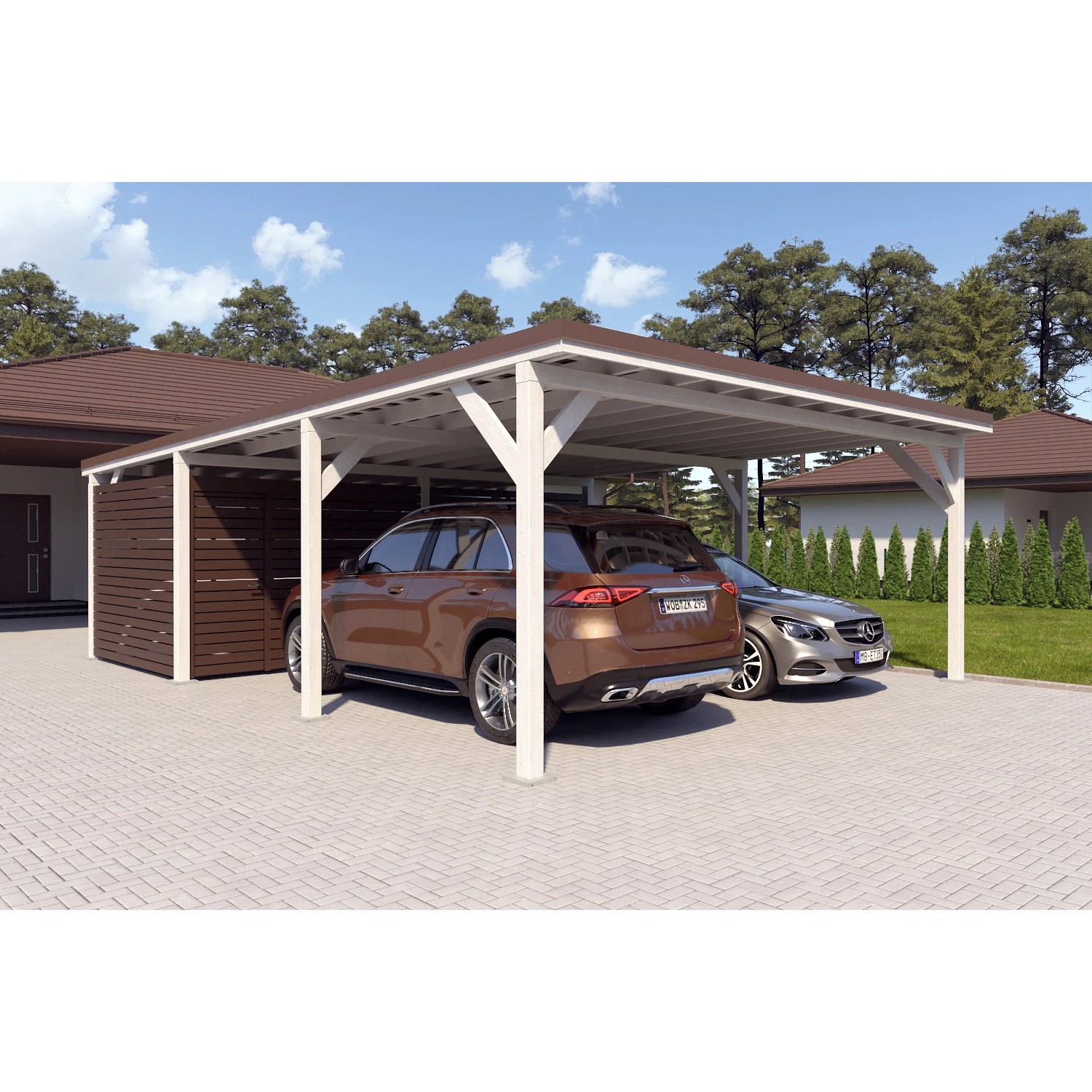 Holzbrüder Carport Ralf 52m² mit Geräteraum Reinweiß-Dunkelbraun