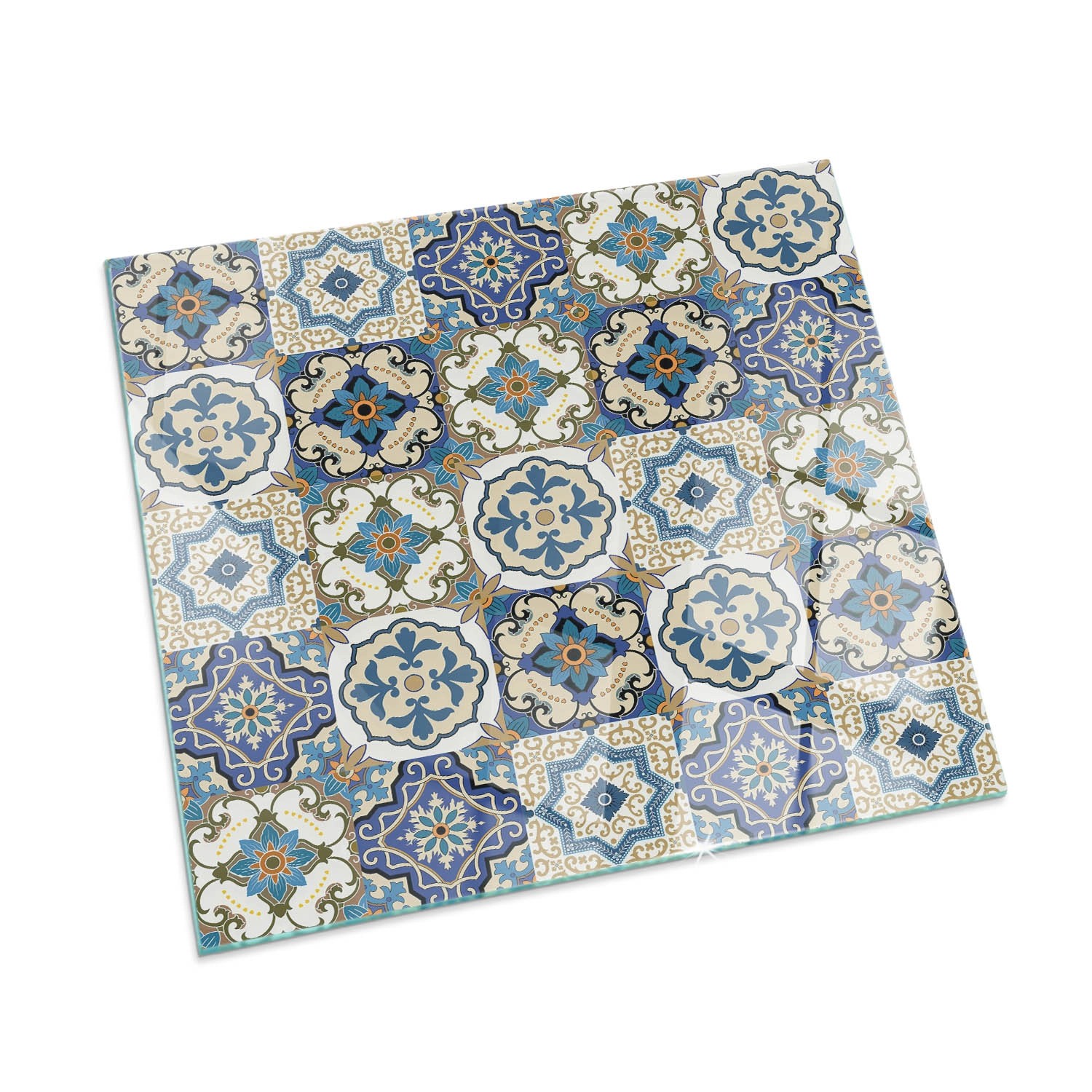 Tulup Glasplatte für Kamin Mosaikmuster mit Blumen Glas unter Kamin Quadrat 60x60 cm Blau Glasplatte für Kamin Glasplatte unter Kamin