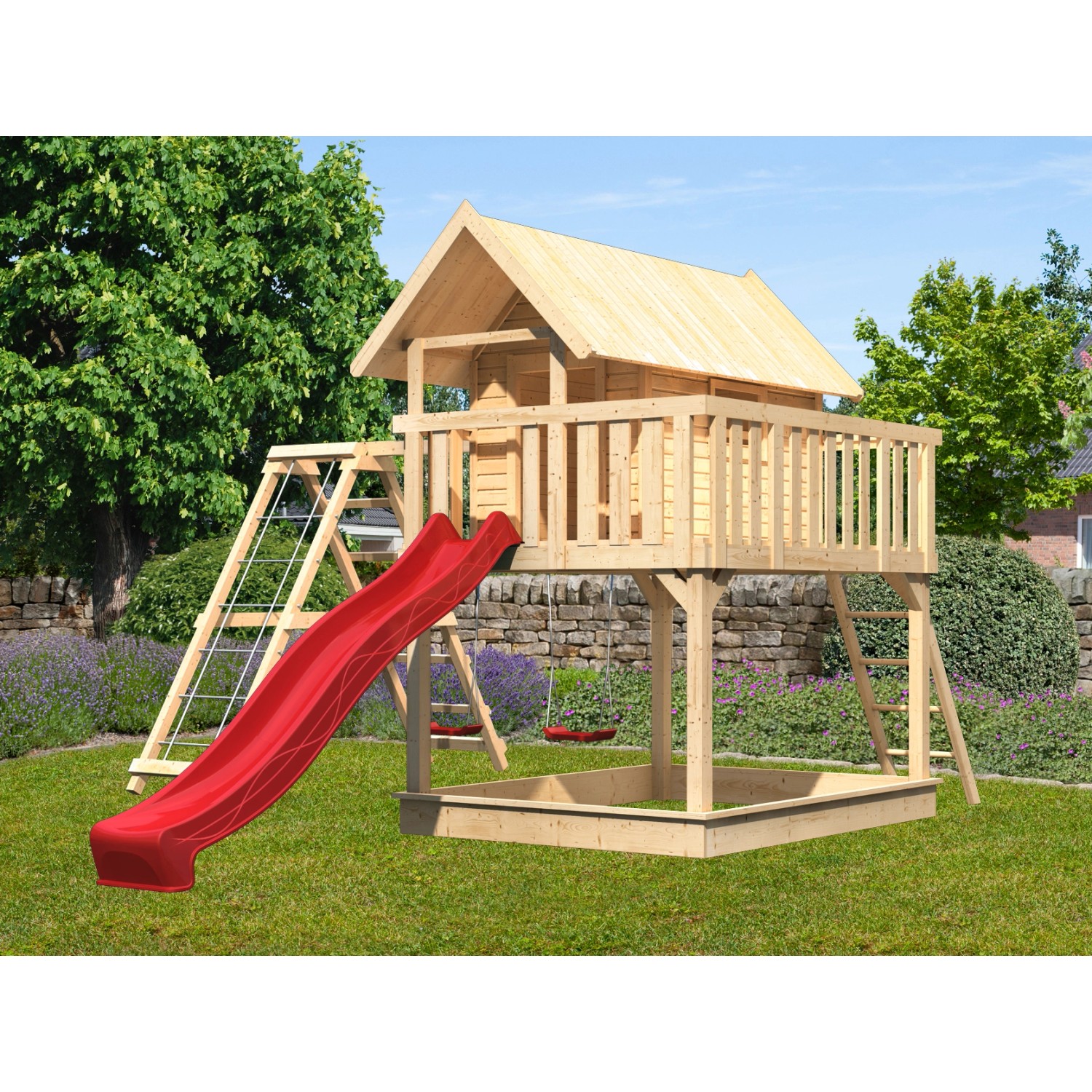 Karibu Stelzenhaus Fidel Natur Doppelschaukel Netzrampe Rutsche Rot