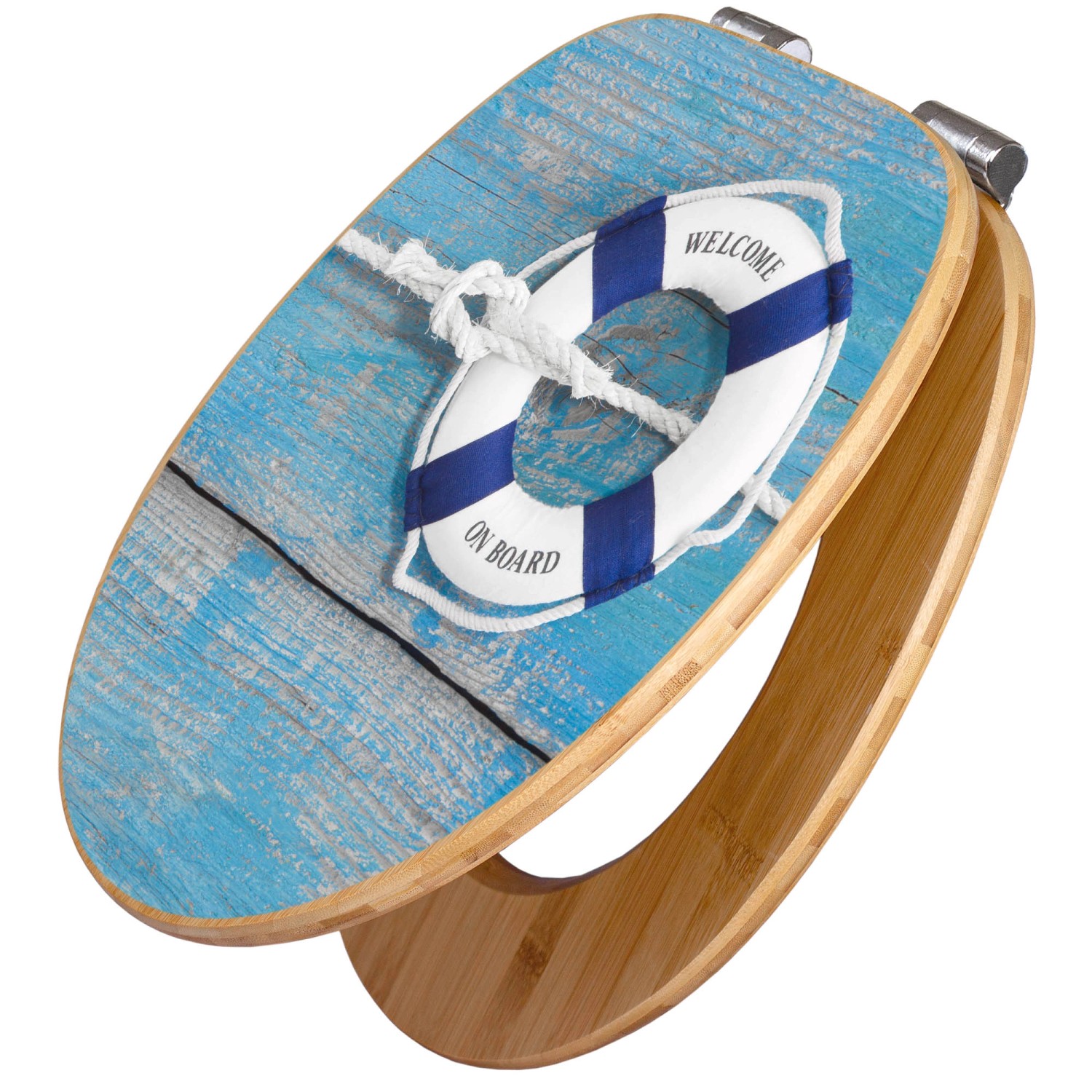 Banjado Design WC Sitz Bambus Holz Toilettendeckel Mit Absenkautomatik Klodeckel WC-Sitz Soft Close Mit Motiv Blauer Rettungsring